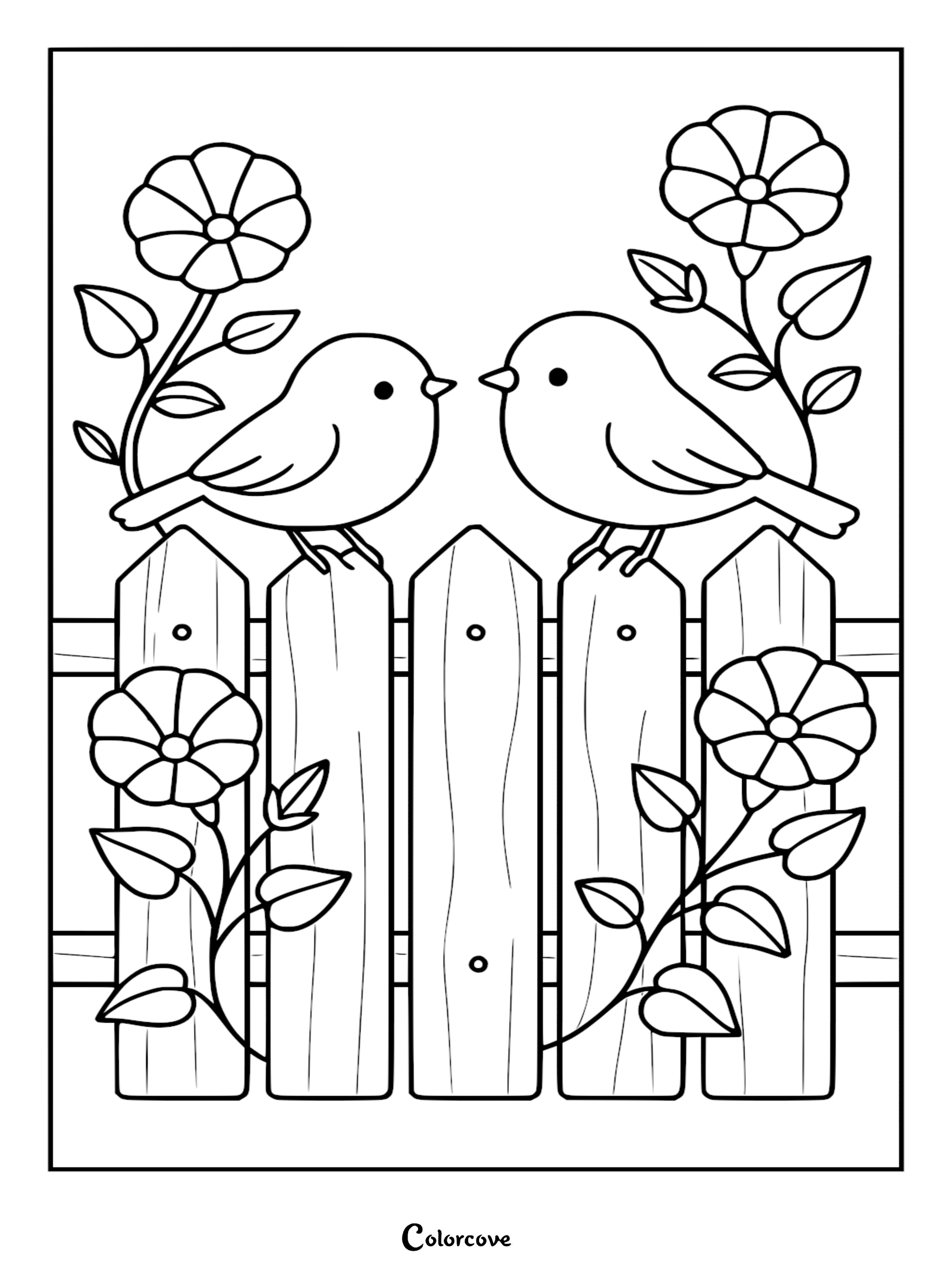 Download and print this adorable lovebirds coloring page featuring two cute birds resting on a picket fence surrounded by beautiful blossoms. This free, high-quality coloring sheet is perfect for young artists who love nature and feathered friends.