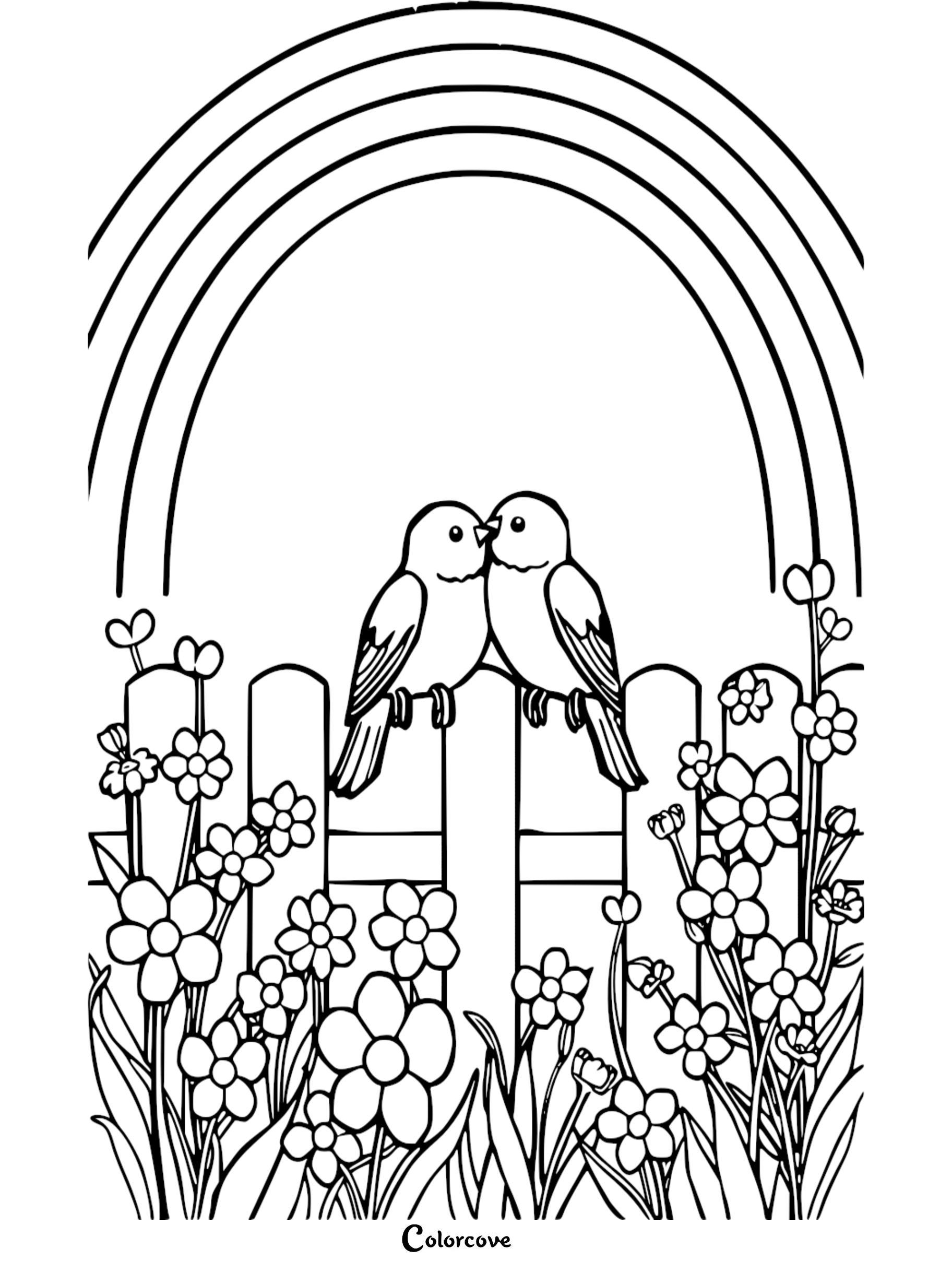 A beautiful coloring page featuring two cute love birds sitting on a garden fence under a rainbow with spring flowers.