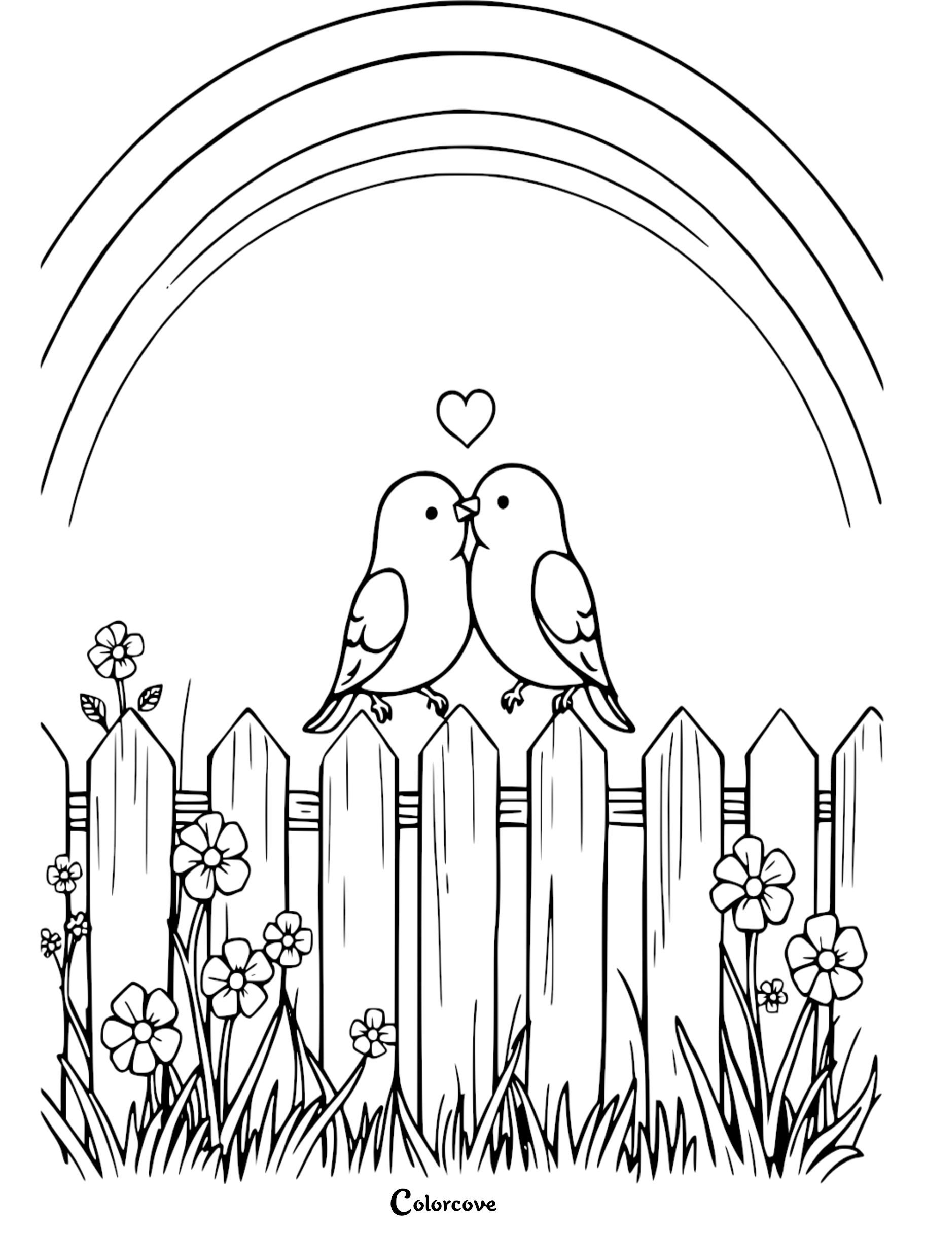 A sweet coloring page for kids featuring two love birds sitting on a picket fence with a heart, flowers, and a large rainbow in the background.