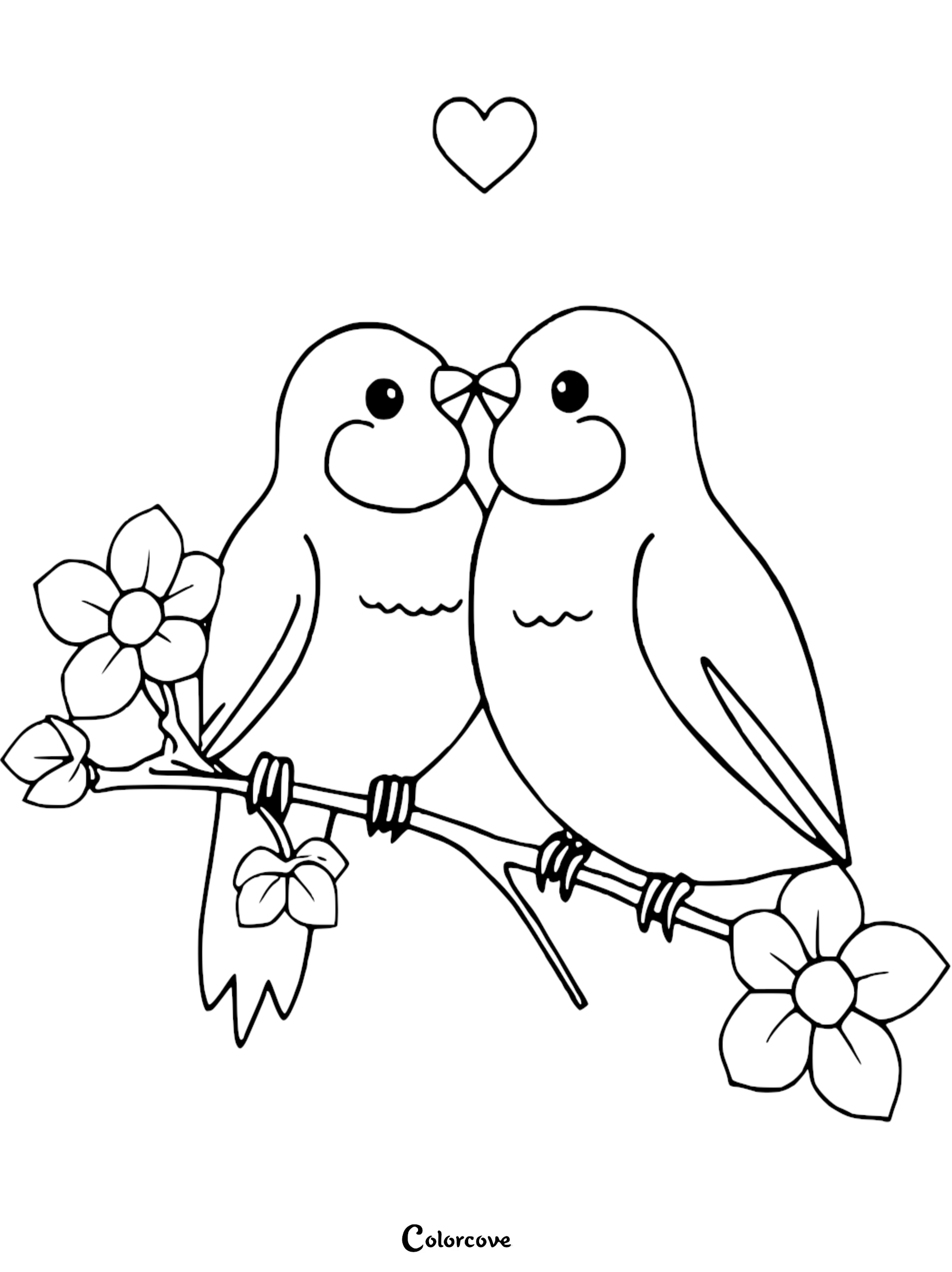 A cute love birds on a branch coloring page for kids featuring two birds kissing with a heart and spring flowers.