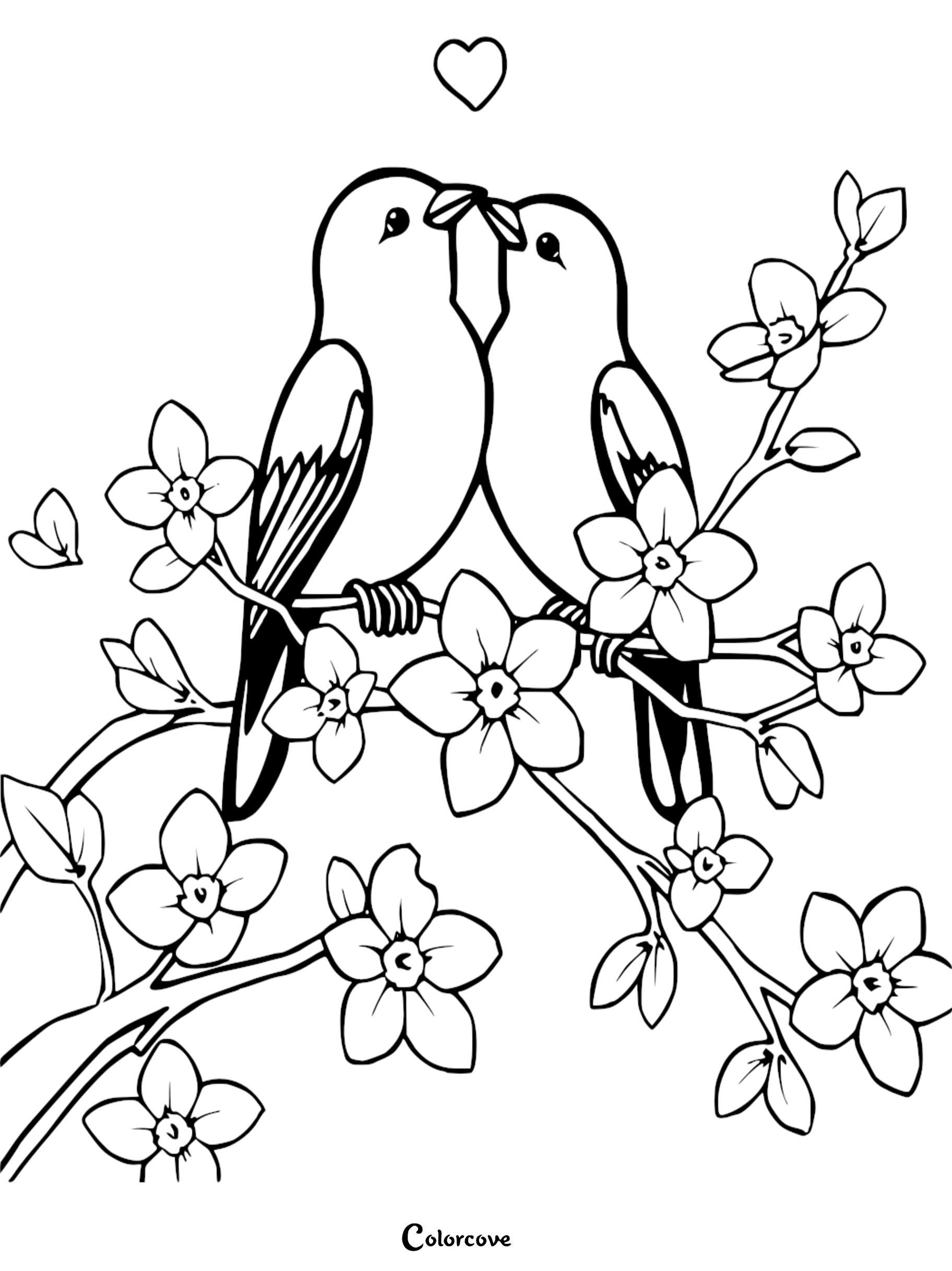 A sweet coloring page featuring two cute lovebirds perched on a blooming flower branch with a heart above their heads.