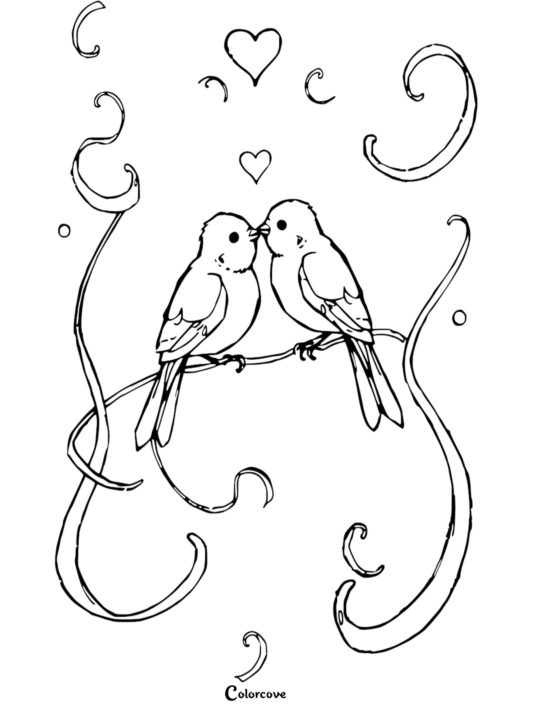 A sweet love birds coloring page featuring two birds perched on a branch with floating hearts and ribbons.
