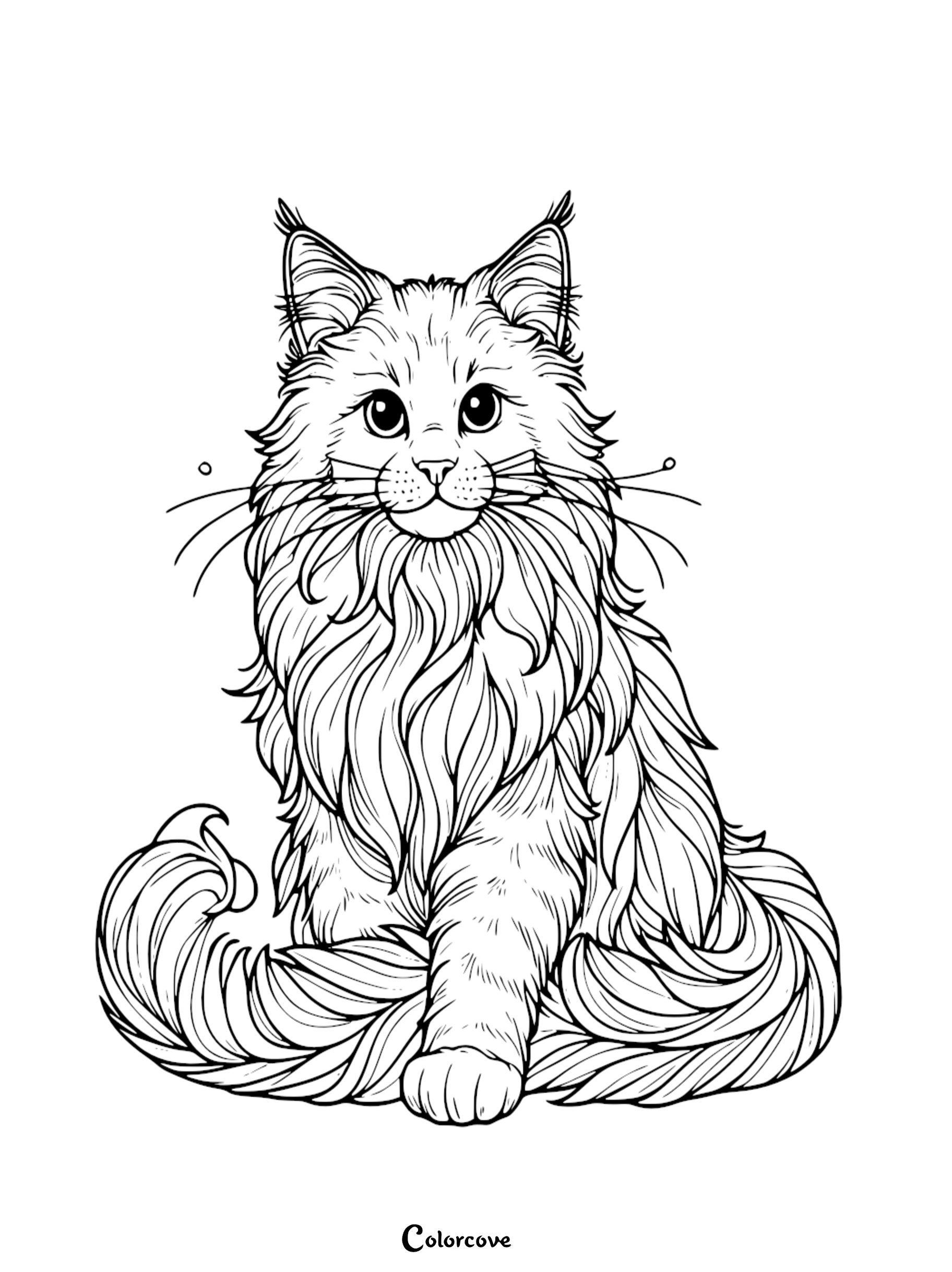 A detailed coloring page of a beautiful, long-haired Maine Coon cat with big eyes and a fluffy tail, perfect for cat lovers.