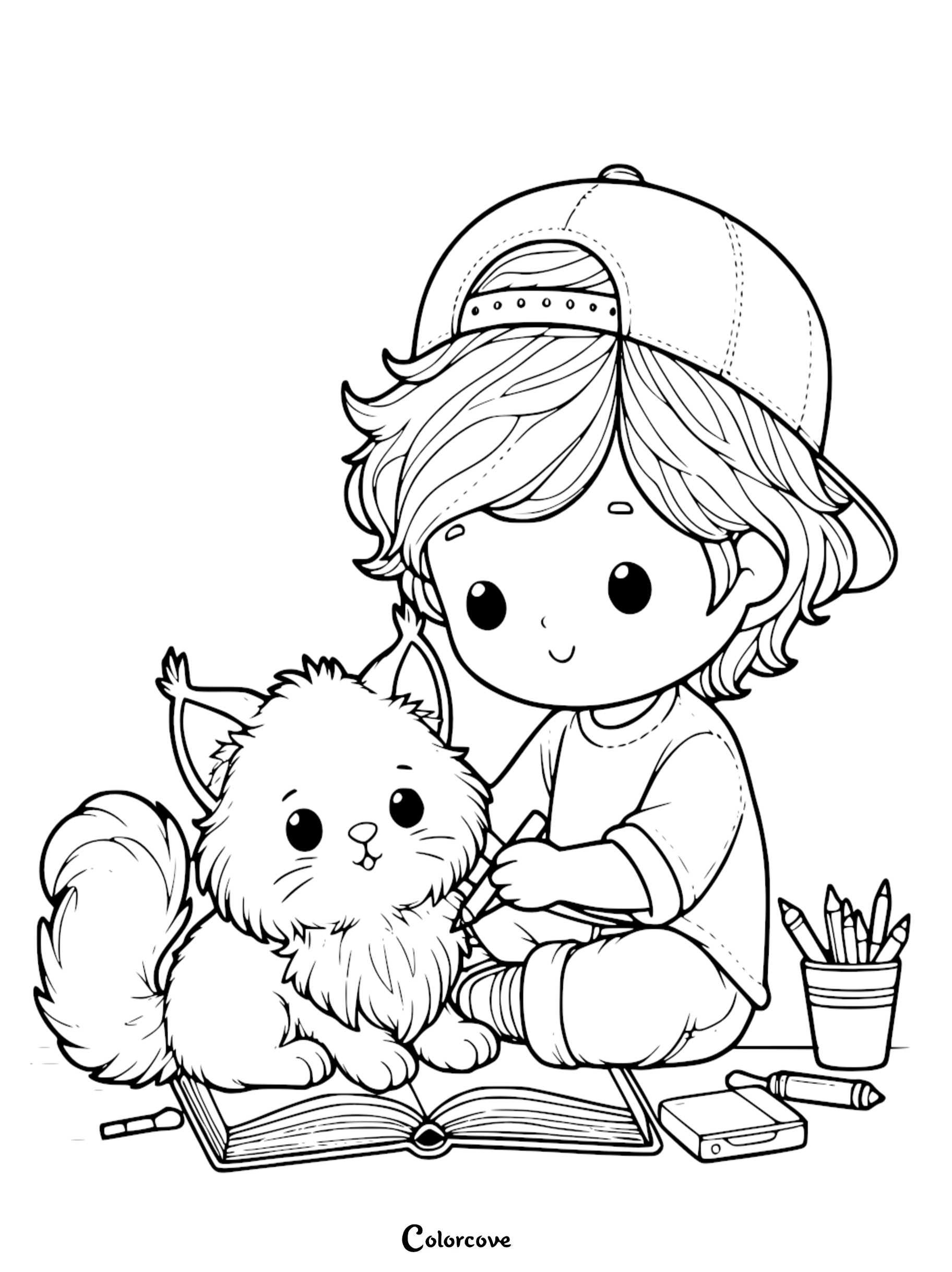 A cute coloring page featuring a young boy wearing a backwards cap drawing a picture of his fluffy pet cat with pencils.