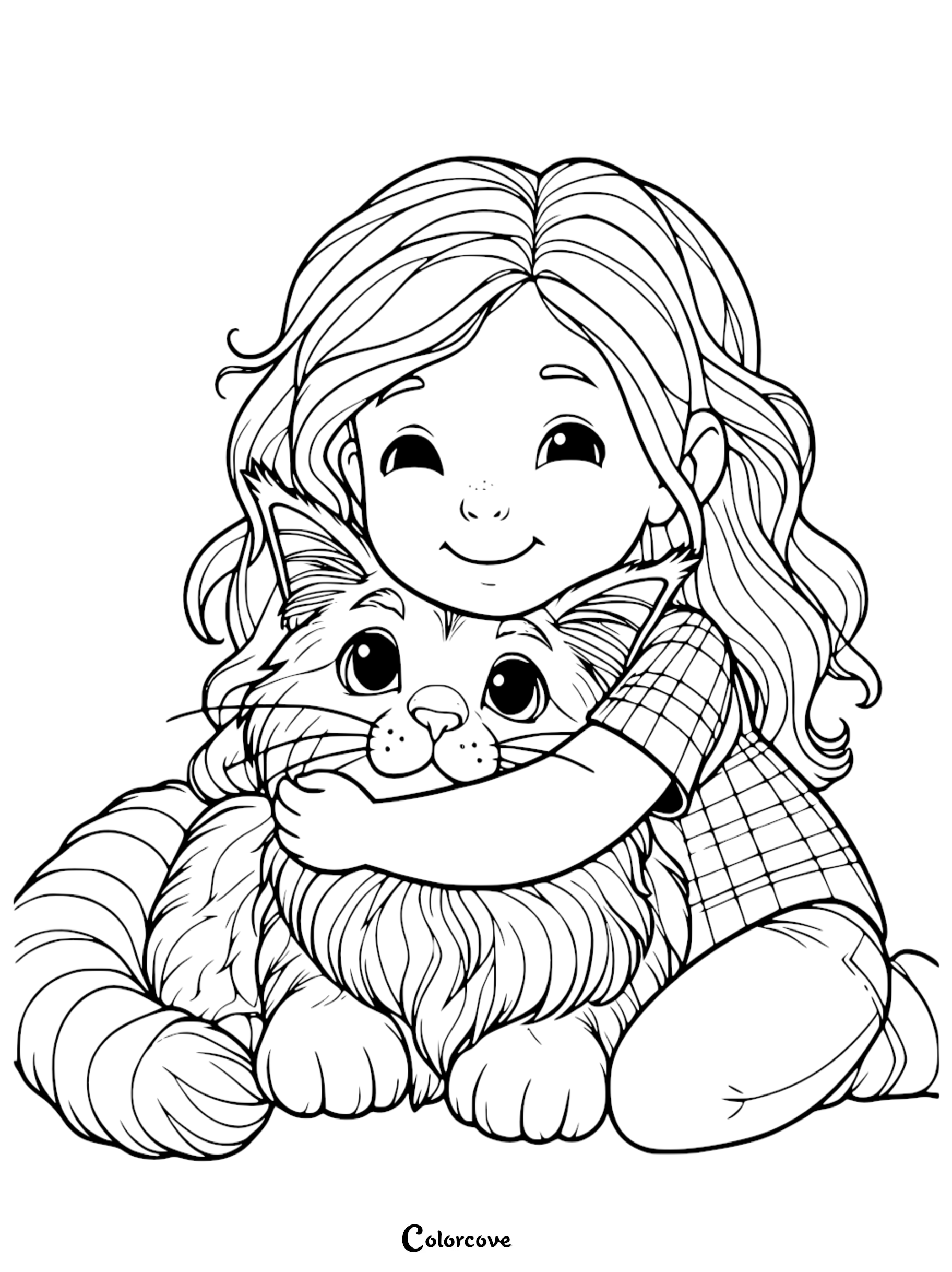 A sweet coloring page featuring a happy girl giving a big, affectionate hug to her fluffy pet cat.