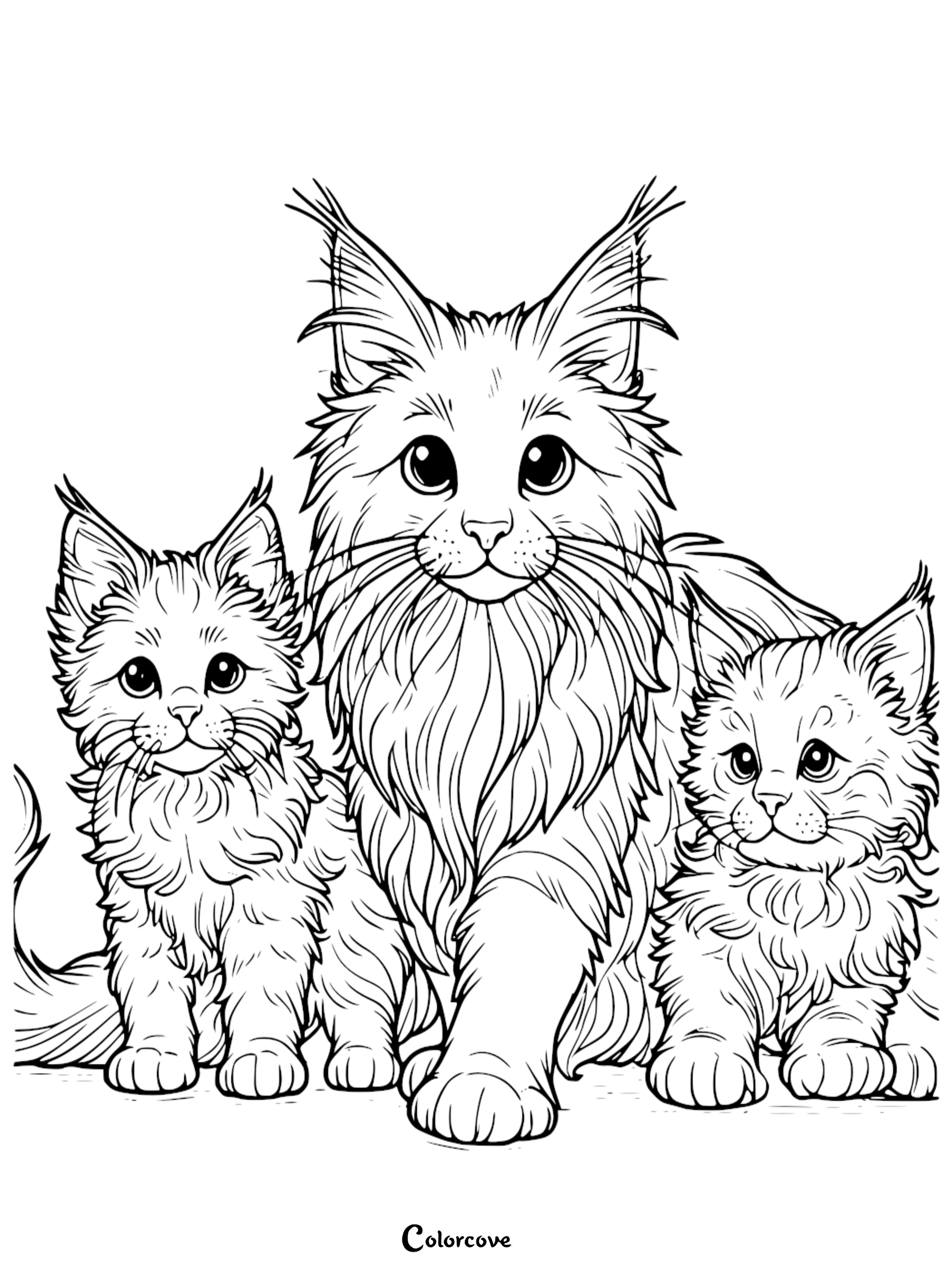 A printable coloring page featuring a fluffy Maine Coon mother cat sitting with two cute kittens, perfect for kids and cat lovers.