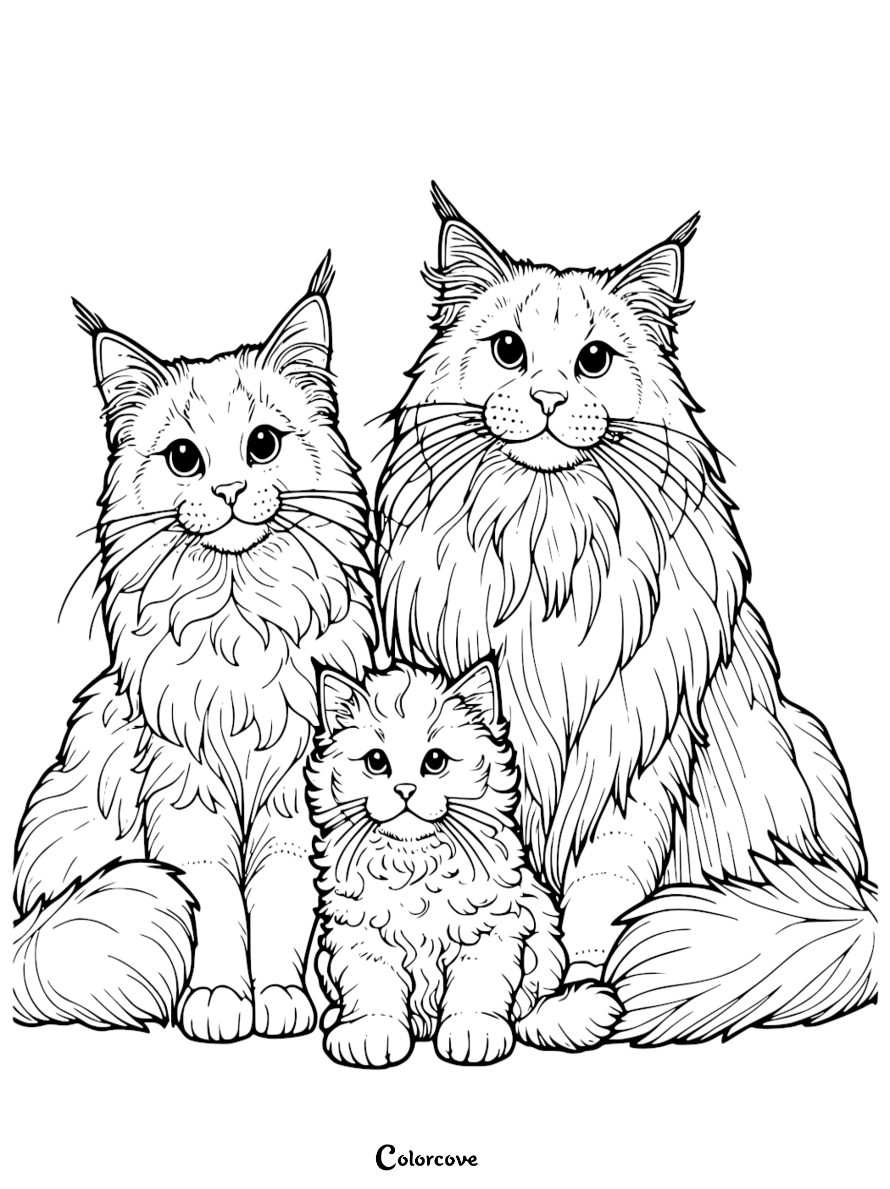 A beautiful Maine Coon cat family coloring page featuring two adult cats and a fluffy kitten for children and adults to print and color.