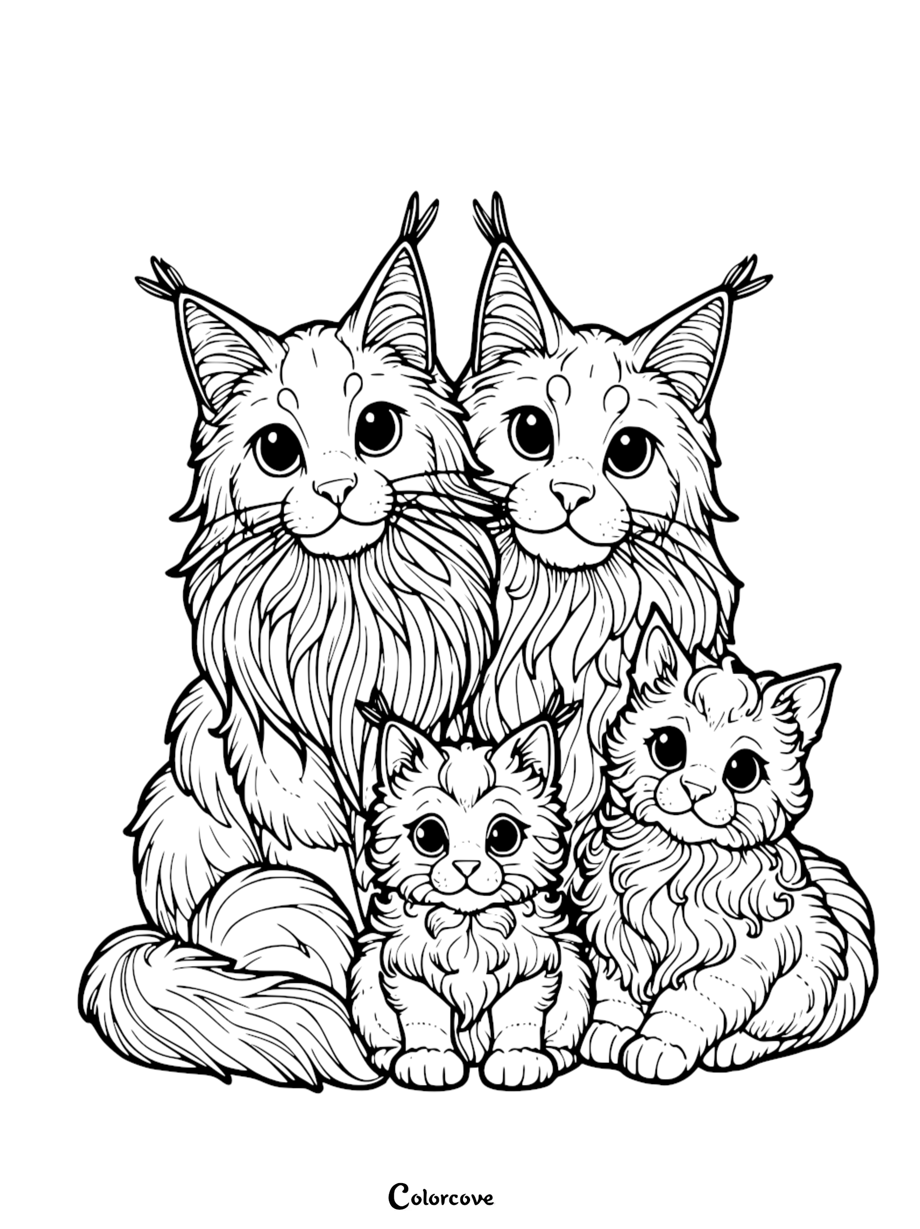 A detailed coloring page featuring a family of fluffy Maine Coon cats including two parents and two kittens with tufted ears.