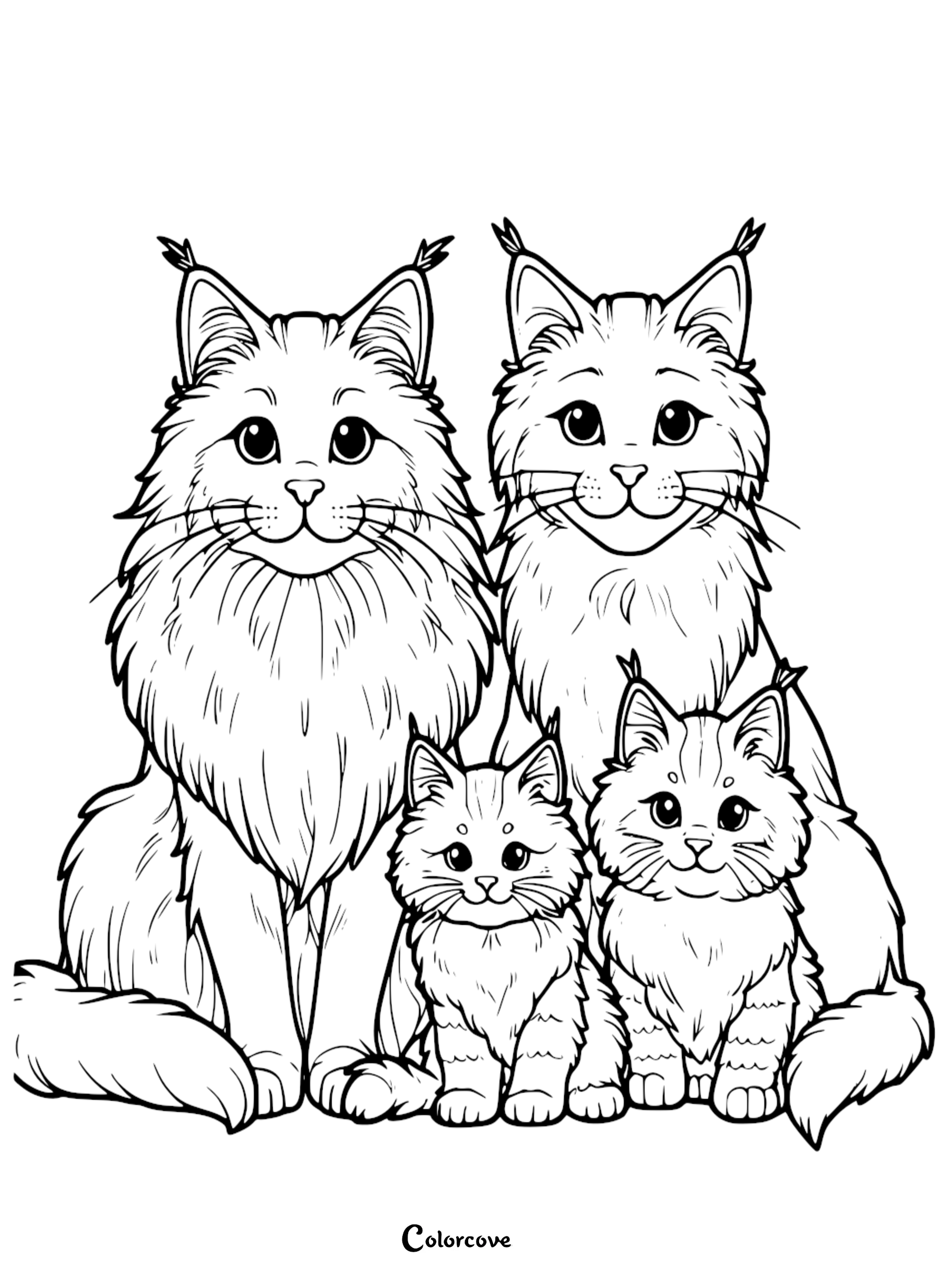 A printable coloring page featuring a family of fluffy Maine Coon cats, including two adult cats and two kittens with tufted ears.