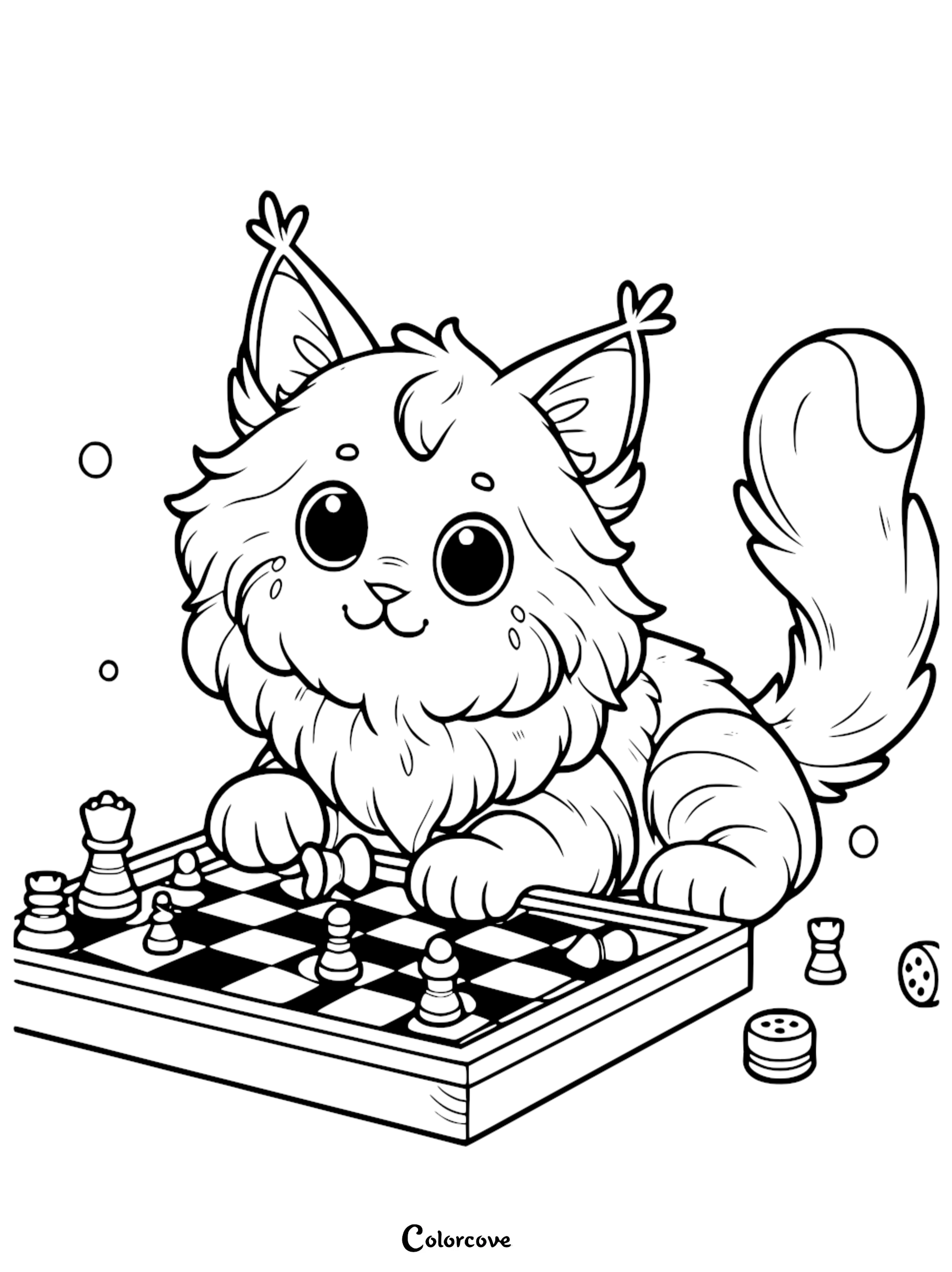 A fluffy kitten playing with chess pieces on a board, line art coloring page for kids and cat lovers.