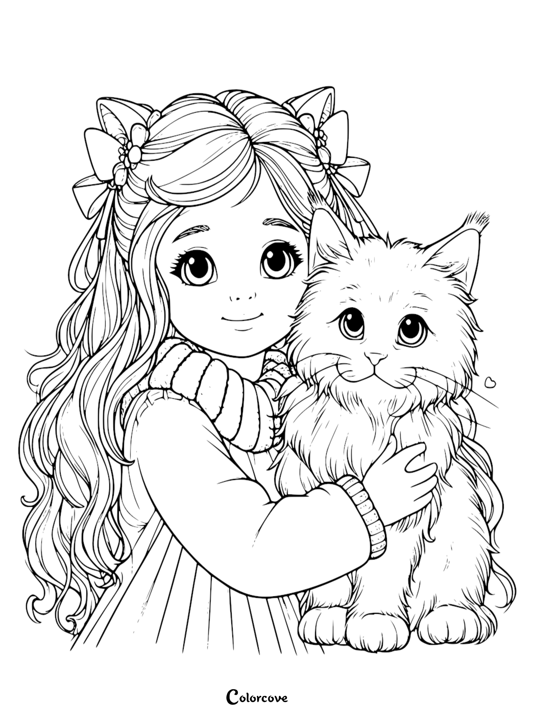 A sweet coloring page featuring a young girl with long hair and bows hugging a fluffy cat, perfect for kids who love animals.