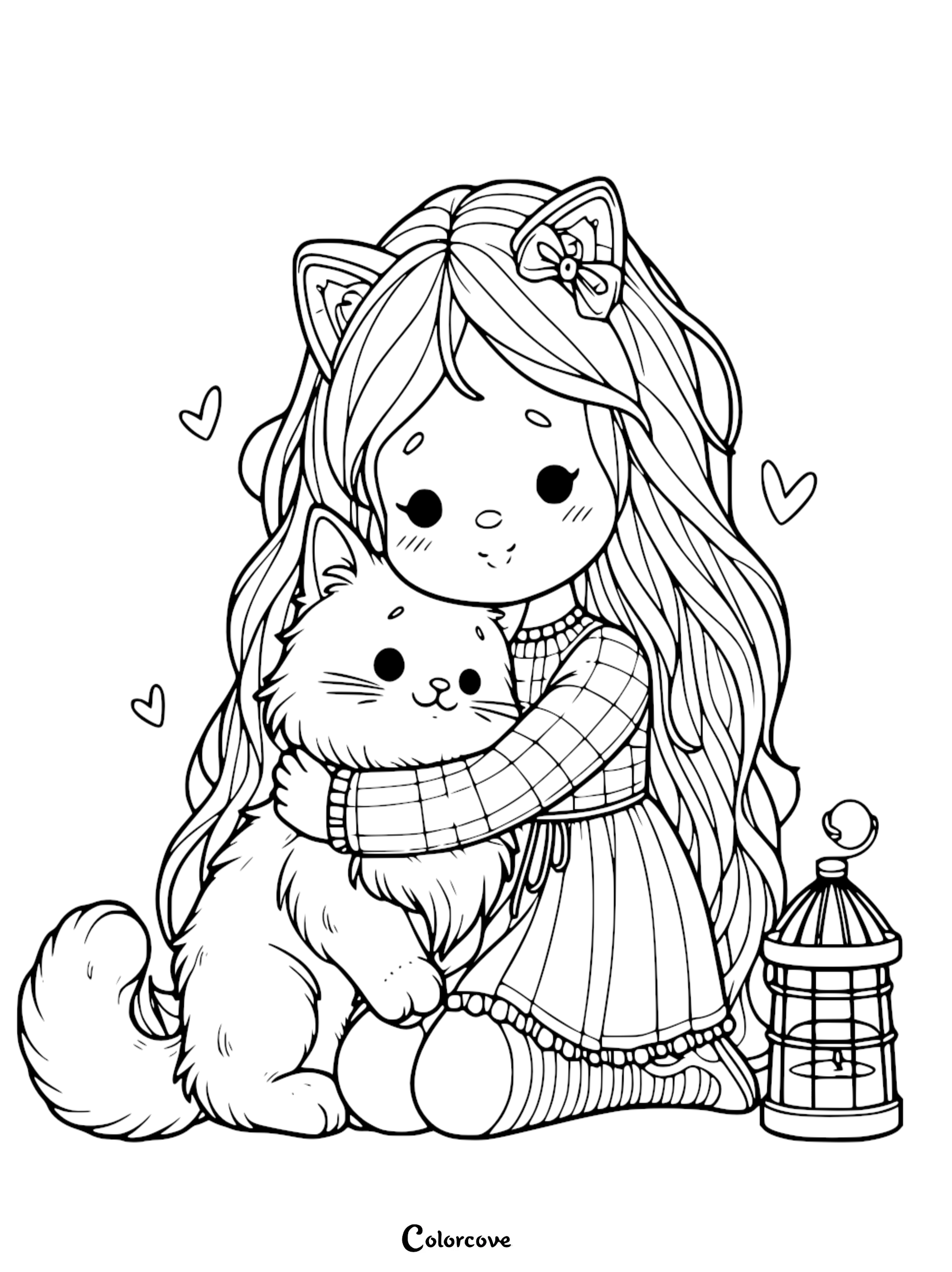 A cute cartoon girl wearing cat ears hugging her fluffy kitten with hearts and a lantern, printable coloring page for kids