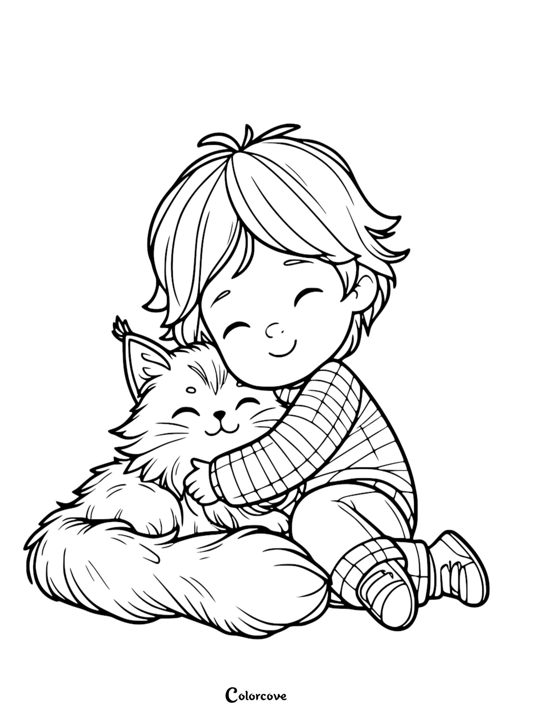 A cute coloring page for kids featuring a happy young boy giving a big, loving hug to his fluffy pet cat.
