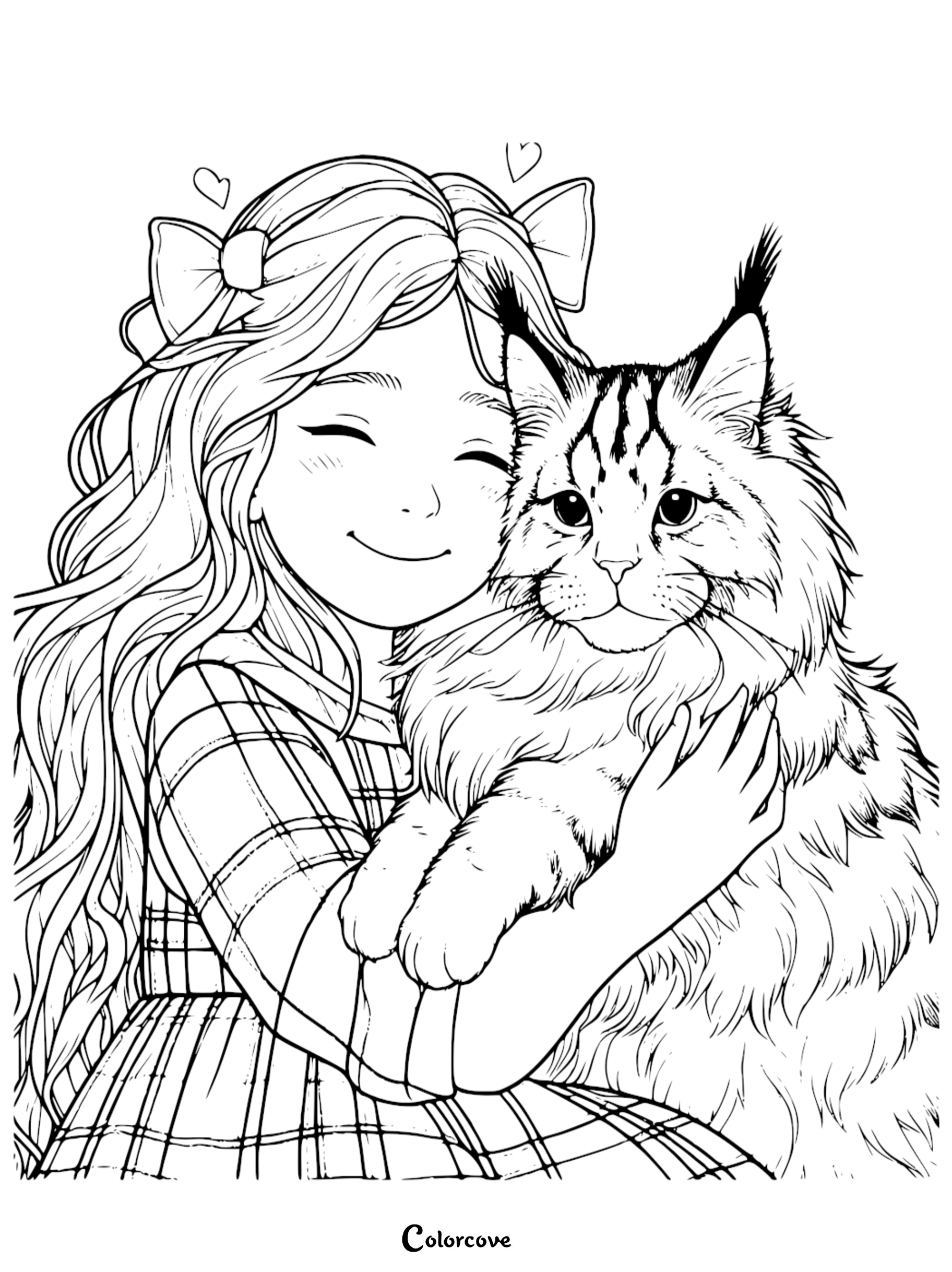 A sweet girl with long hair hugging a fluffy Maine Coon cat in this free printable coloring page for animal lovers.