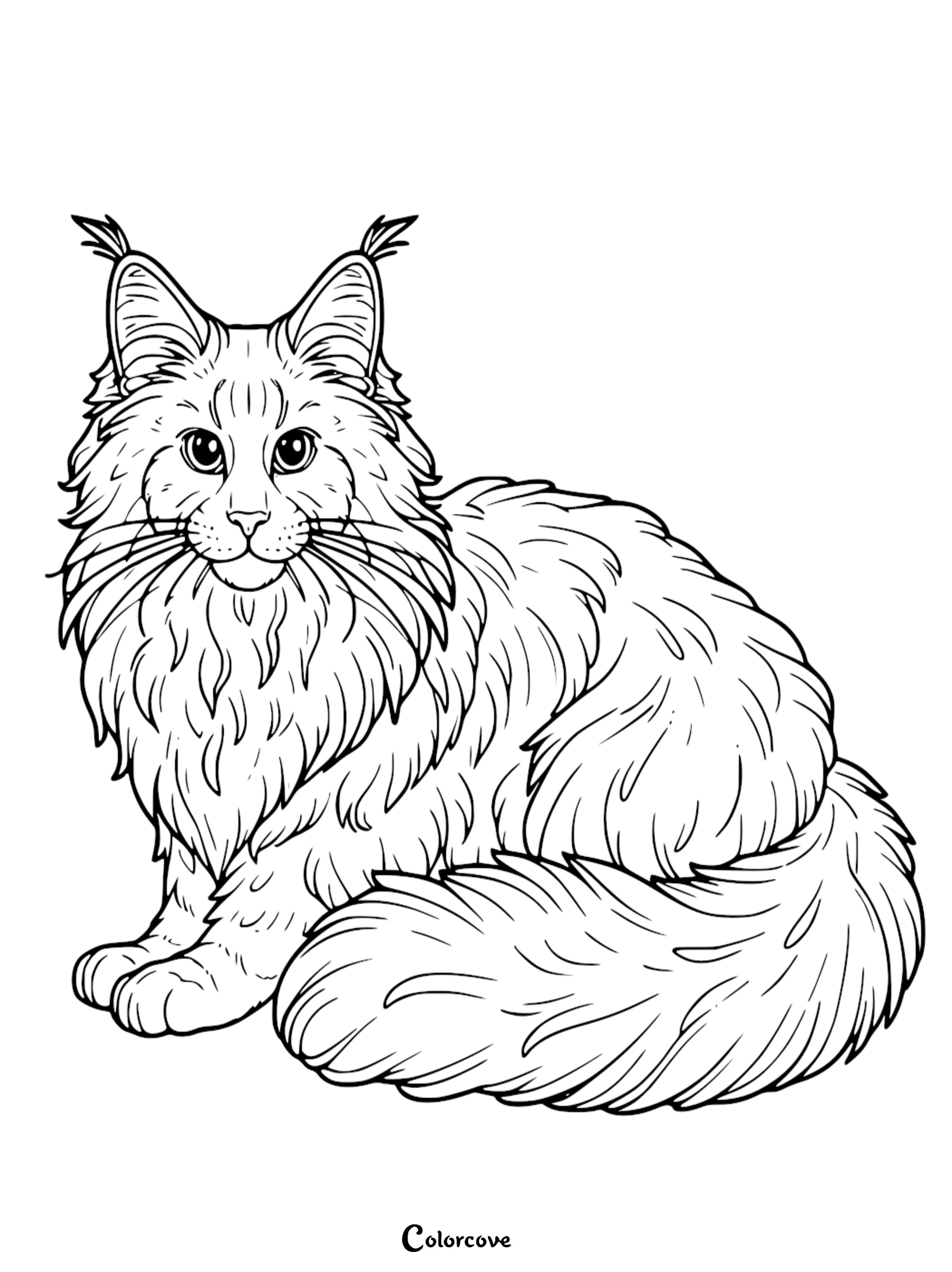 A detailed Maine Coon cat coloring page for kids and adults, featuring the majestic breed's signature long fur and tufted ears.