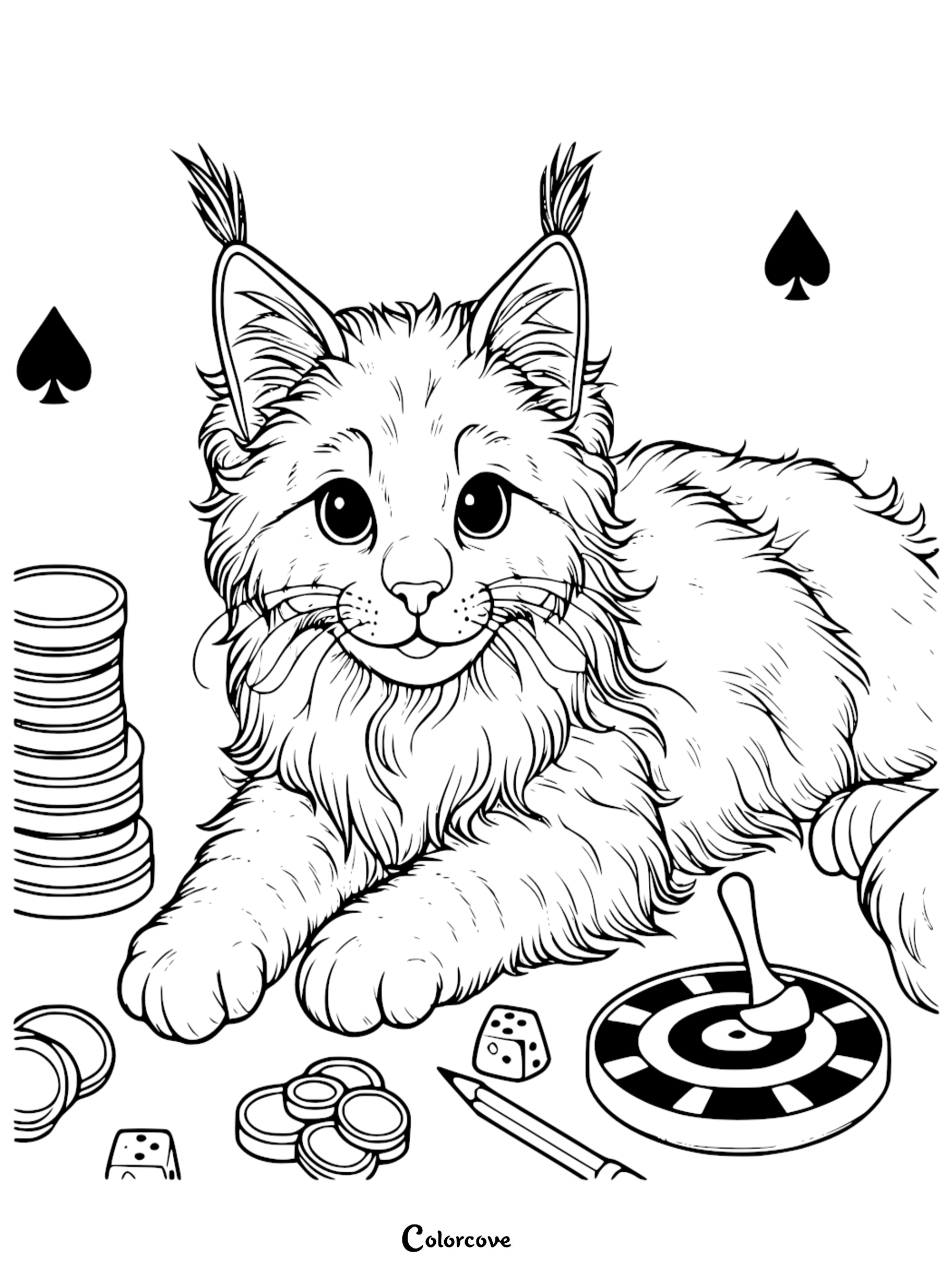 A detailed coloring page featuring a fluffy lynx kitten surrounded by casino chips, dice, and playing card symbols for kids and adults.