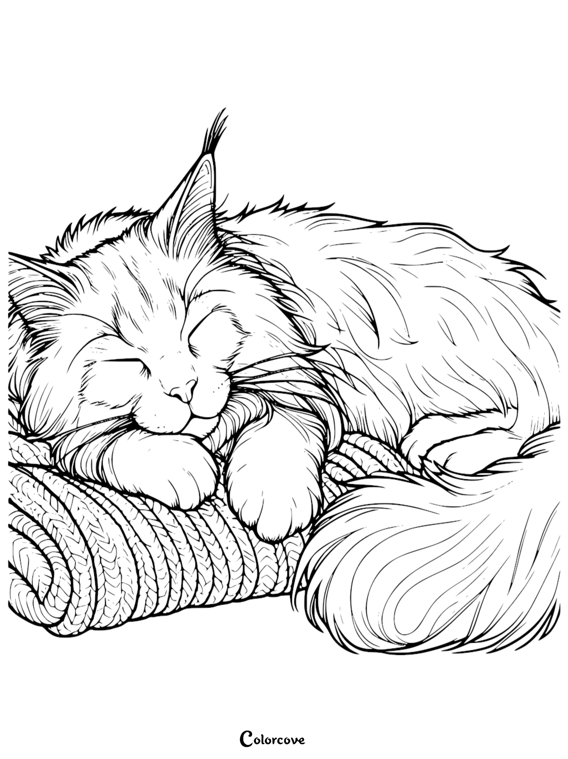 A detailed sleeping Maine Coon cat curled up on a knitted blanket for kids and adults to color