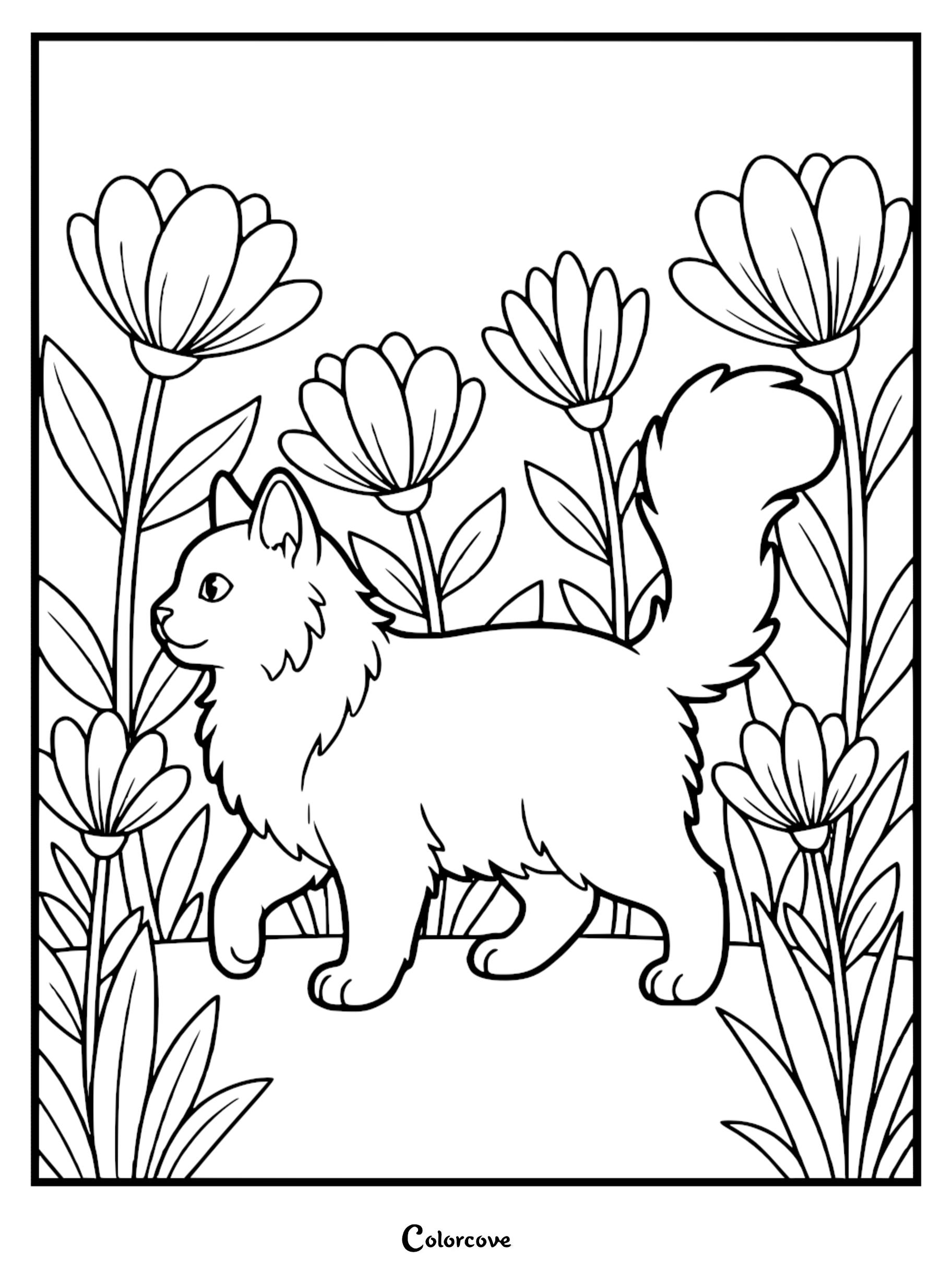 A beautiful Maine Coon cat with long fluffy fur walking through a field of large flowers in this printable coloring page for cat lovers.