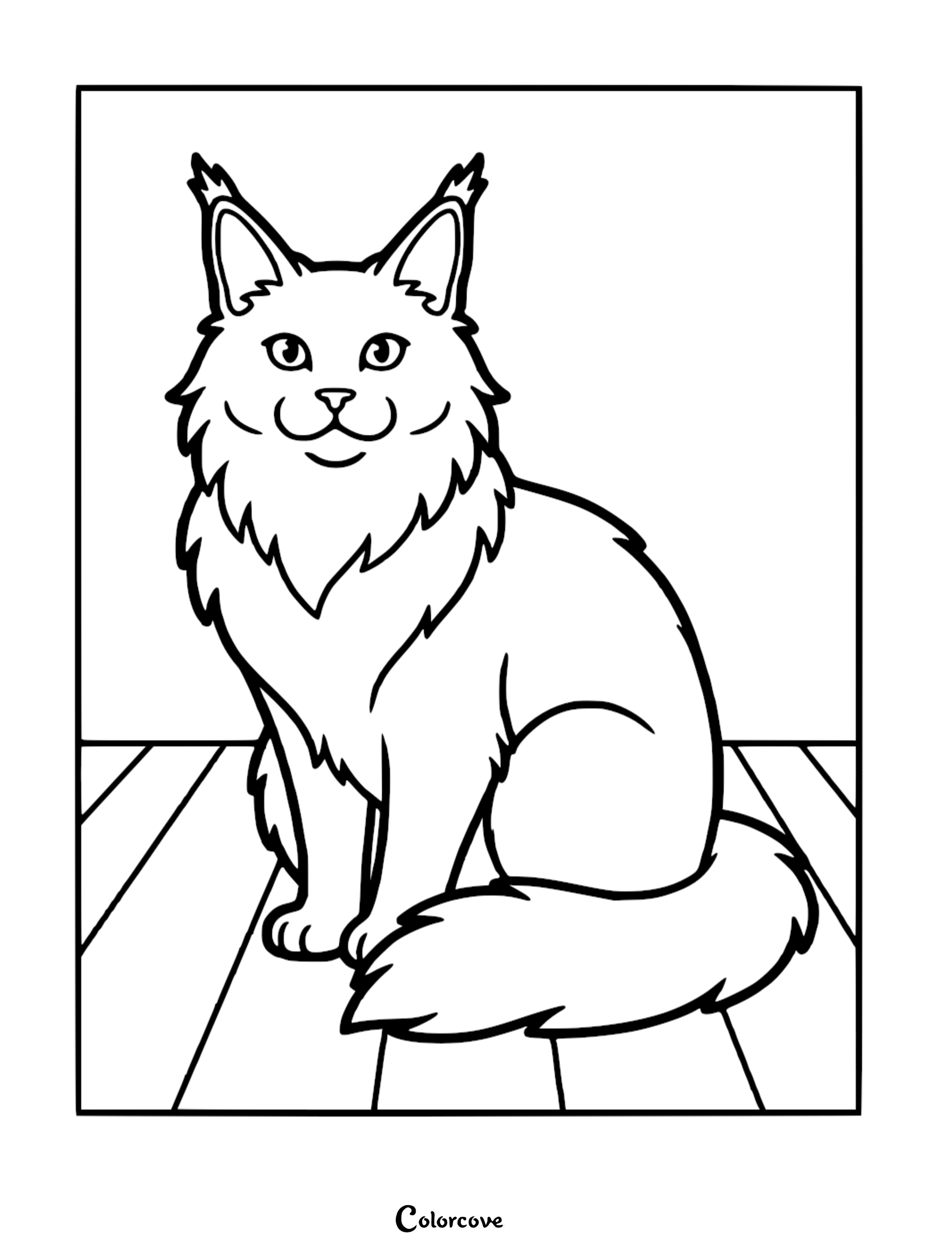 A printable Maine Coon cat coloring page featuring a fluffy cat with tufted ears sitting on a wooden floor.