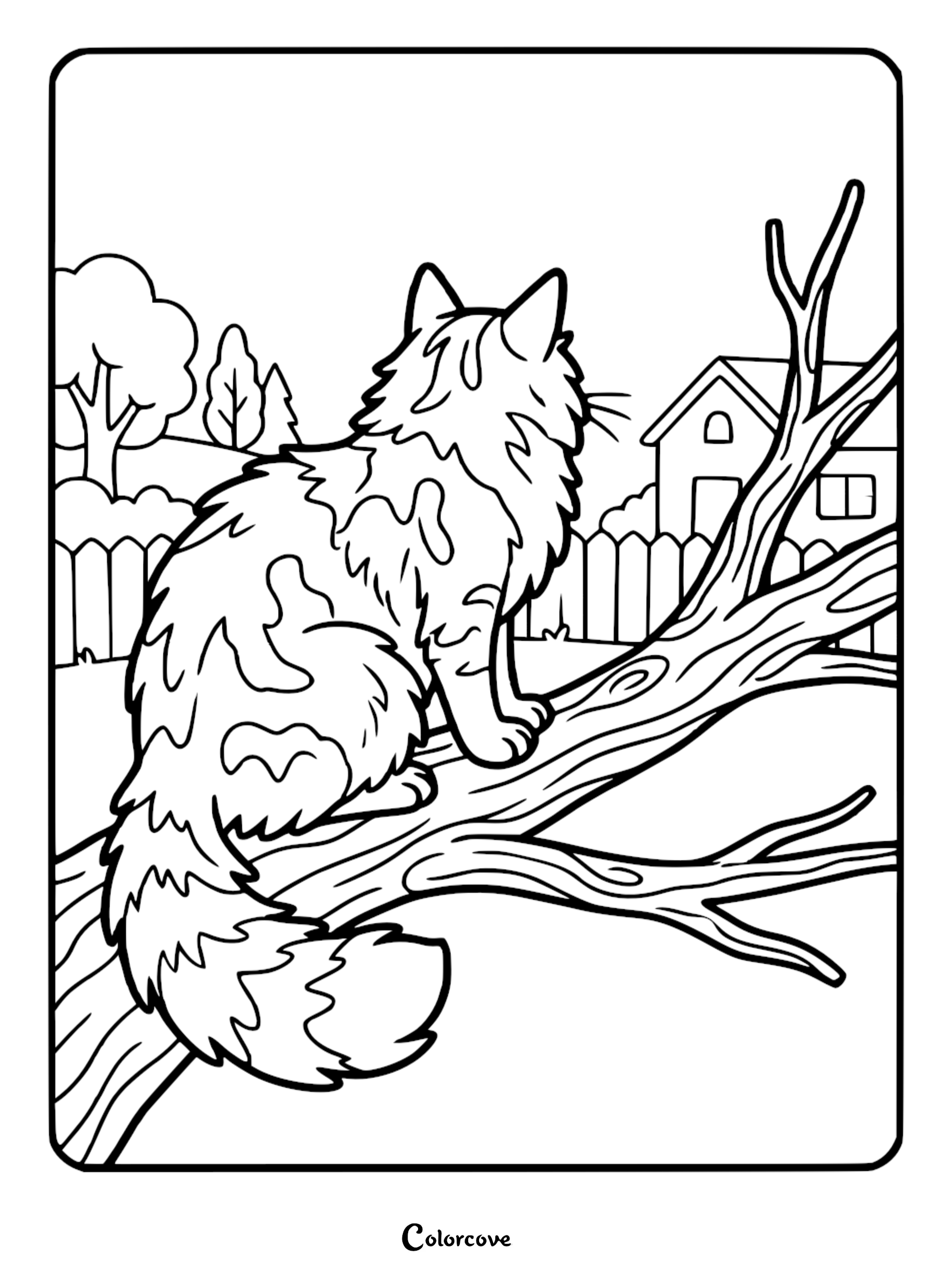 A printable Maine Coon cat sitting on a tree branch coloring page for kids and cat lovers.