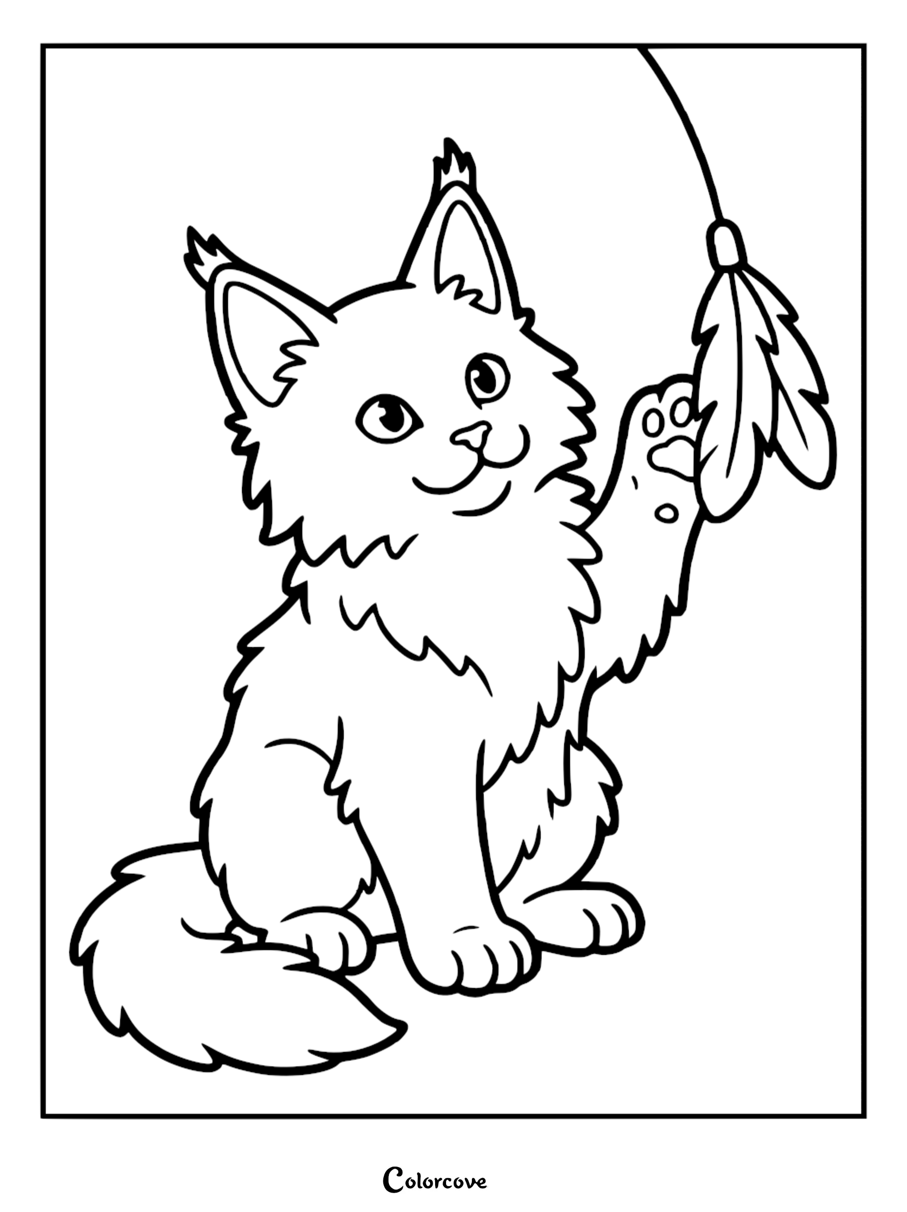 A cute fluffy Maine Coon kitten playing with a feather toy coloring page for kids to print and color