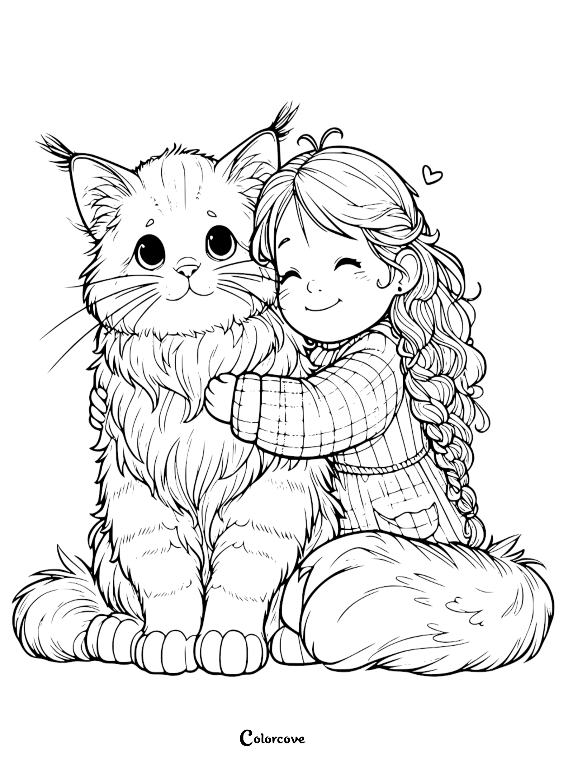 A sweet coloring page featuring a smiling young girl with long braided hair giving a big, loving hug to her large, fluffy Maine Coon style cat.