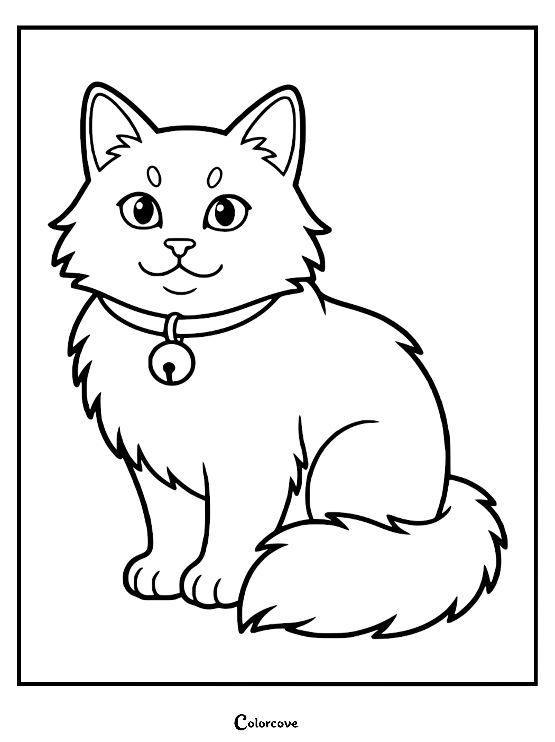 A printable Maine Coon cat coloring page for kids featuring a fluffy cat with a bell collar.