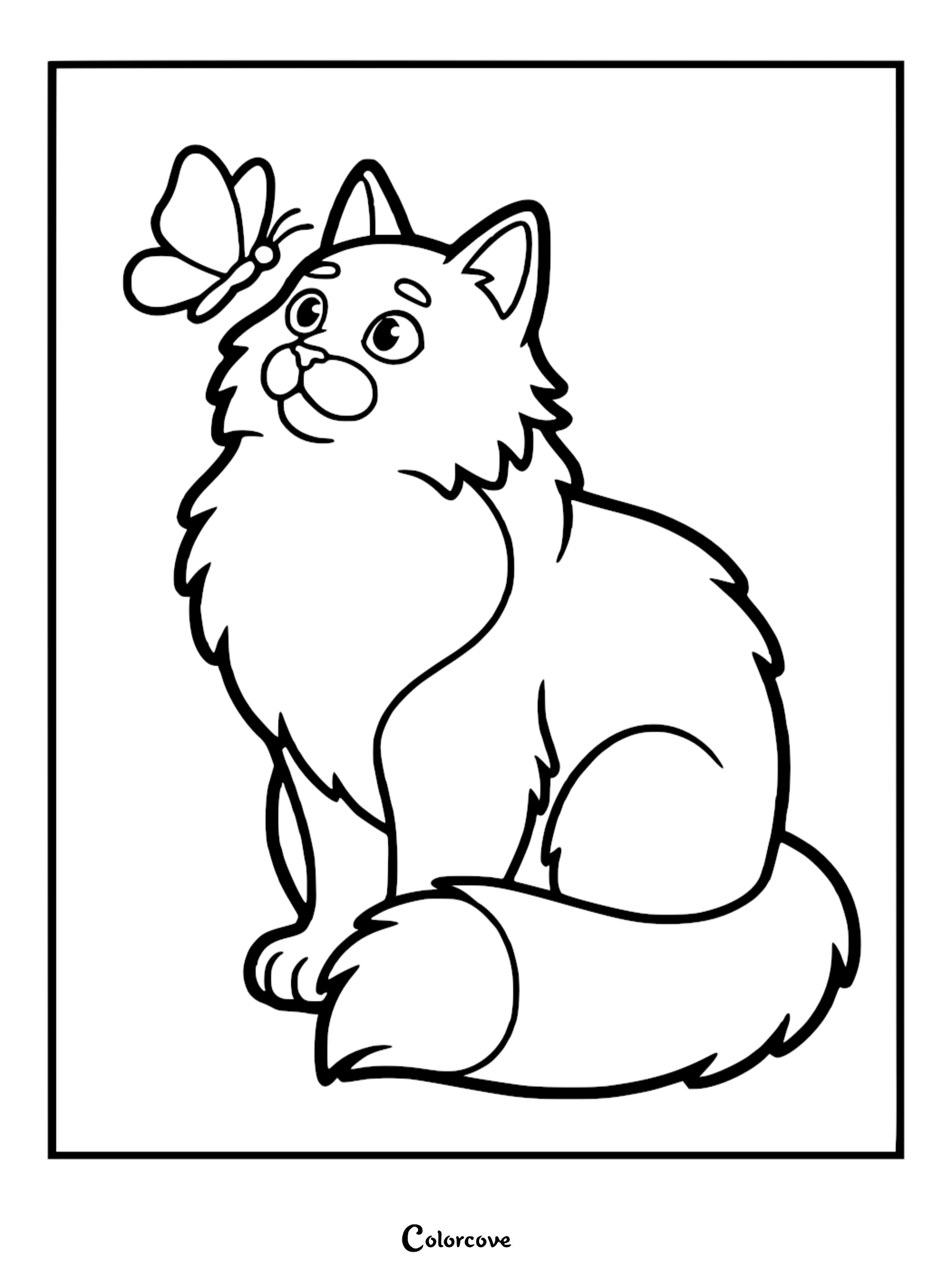 A printable Maine Coon cat coloring page featuring a fluffy cat looking at a butterfly, perfect for kids and cat lovers.