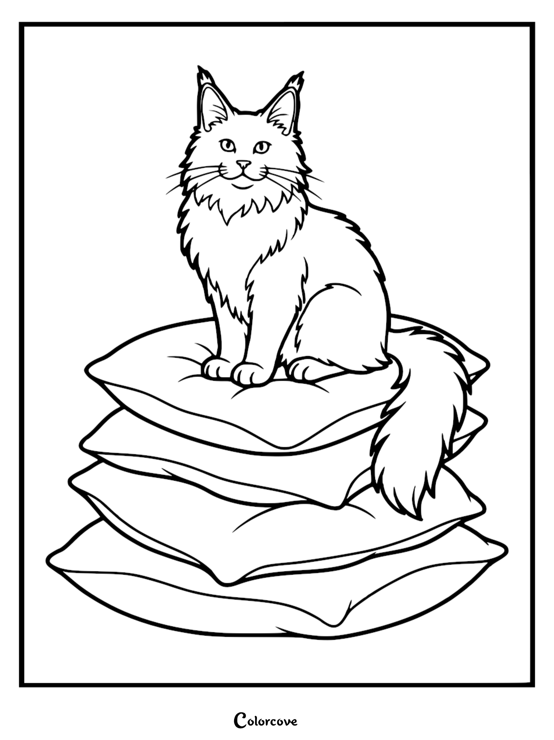 A beautiful, fluffy Maine Coon cat sitting on a stack of soft pillows, black and white line art coloring page for cat lovers.