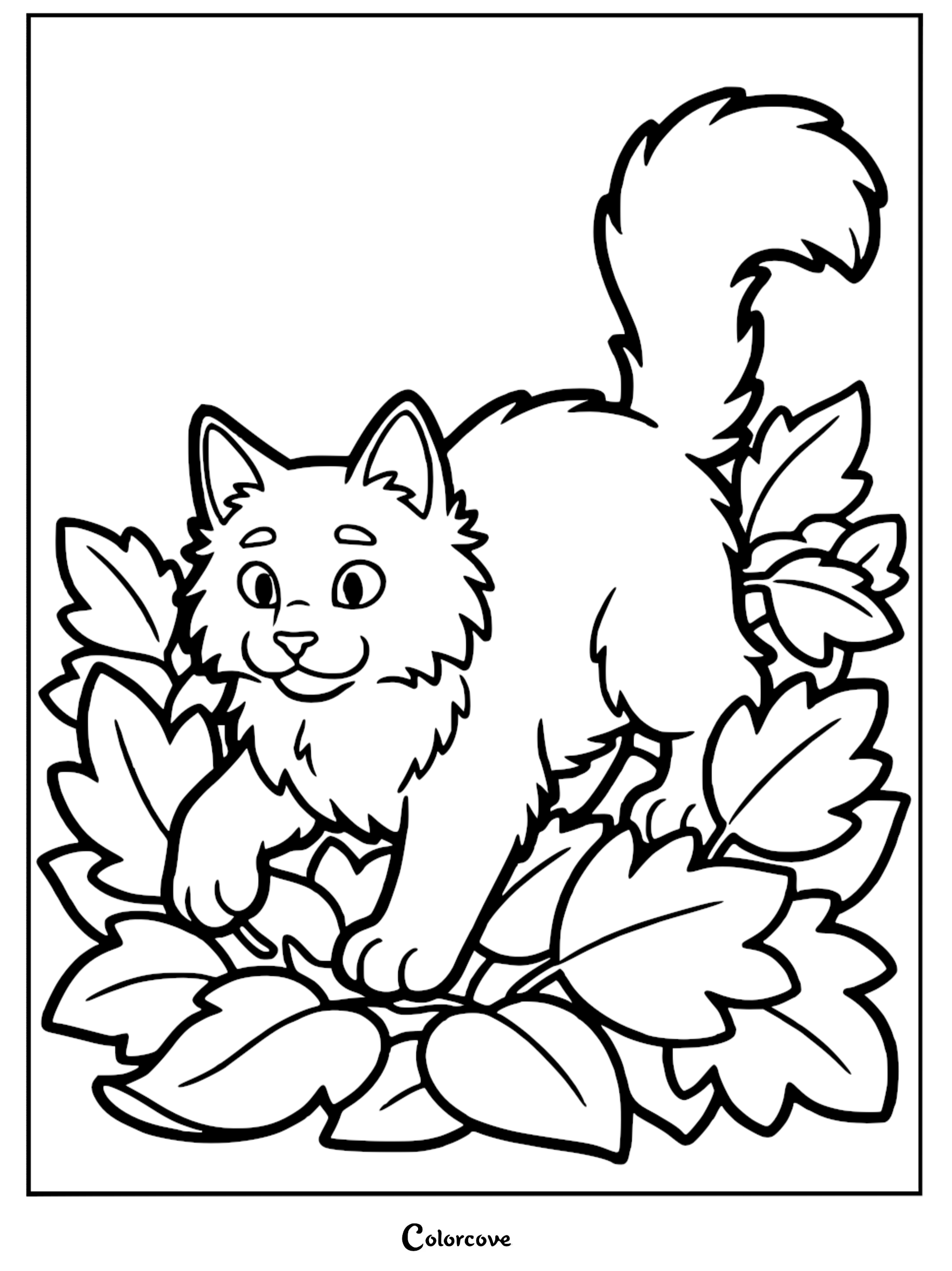 An adorable fluffy Maine Coon cat playing in autumn leaves coloring page for kids and cat lovers.