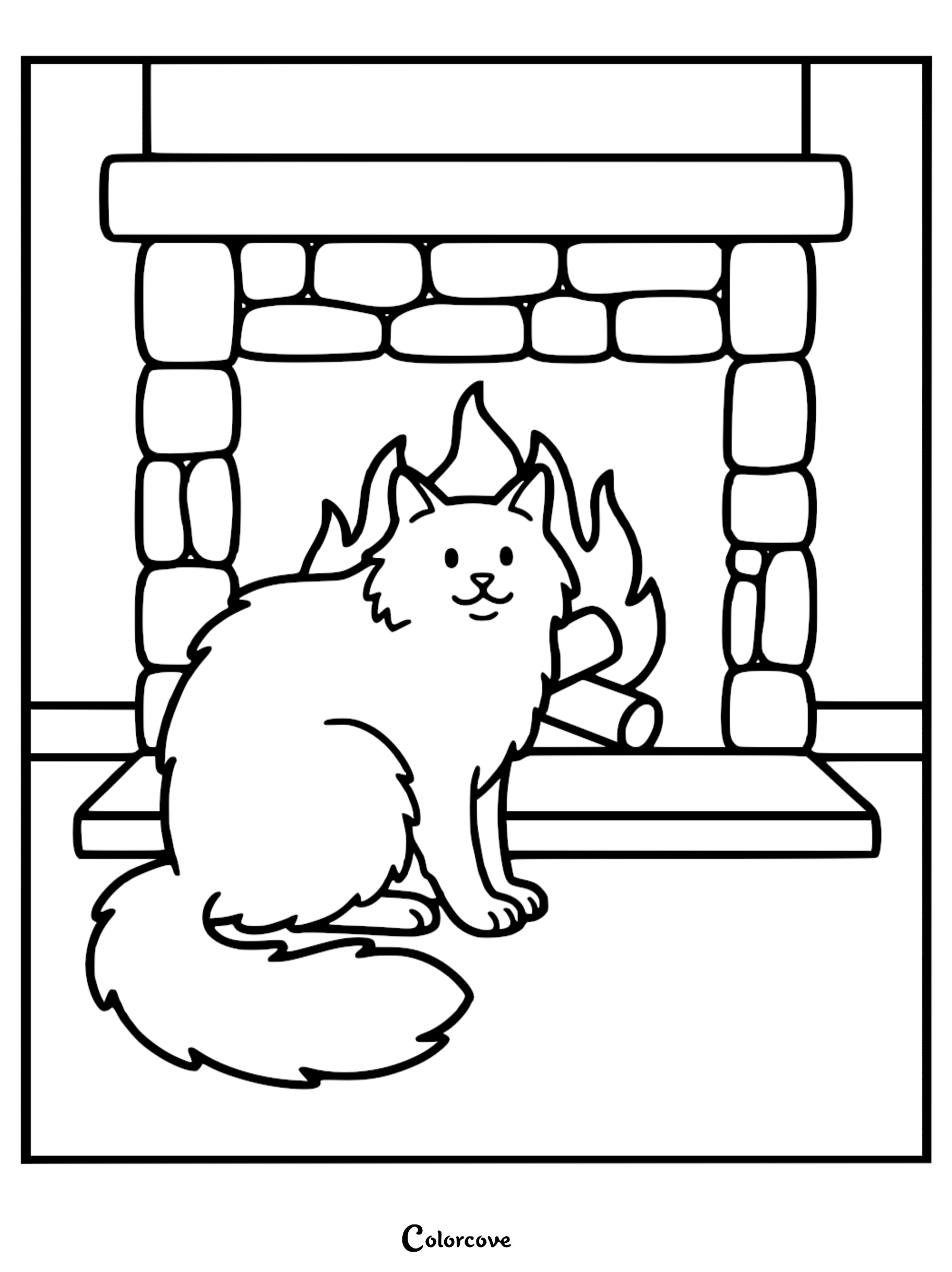 A cute Maine Coon cat sitting in front of a warm stone fireplace for a printable coloring page.