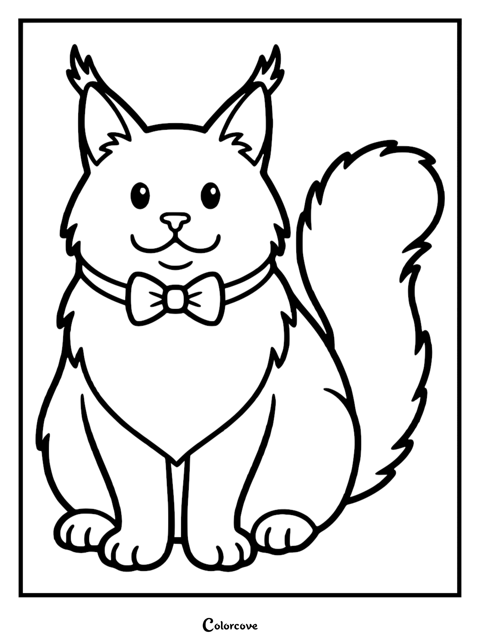 A printable Maine Coon cat coloring page featuring a fluffy kitten wearing a bow tie, perfect for kids and cat lovers.