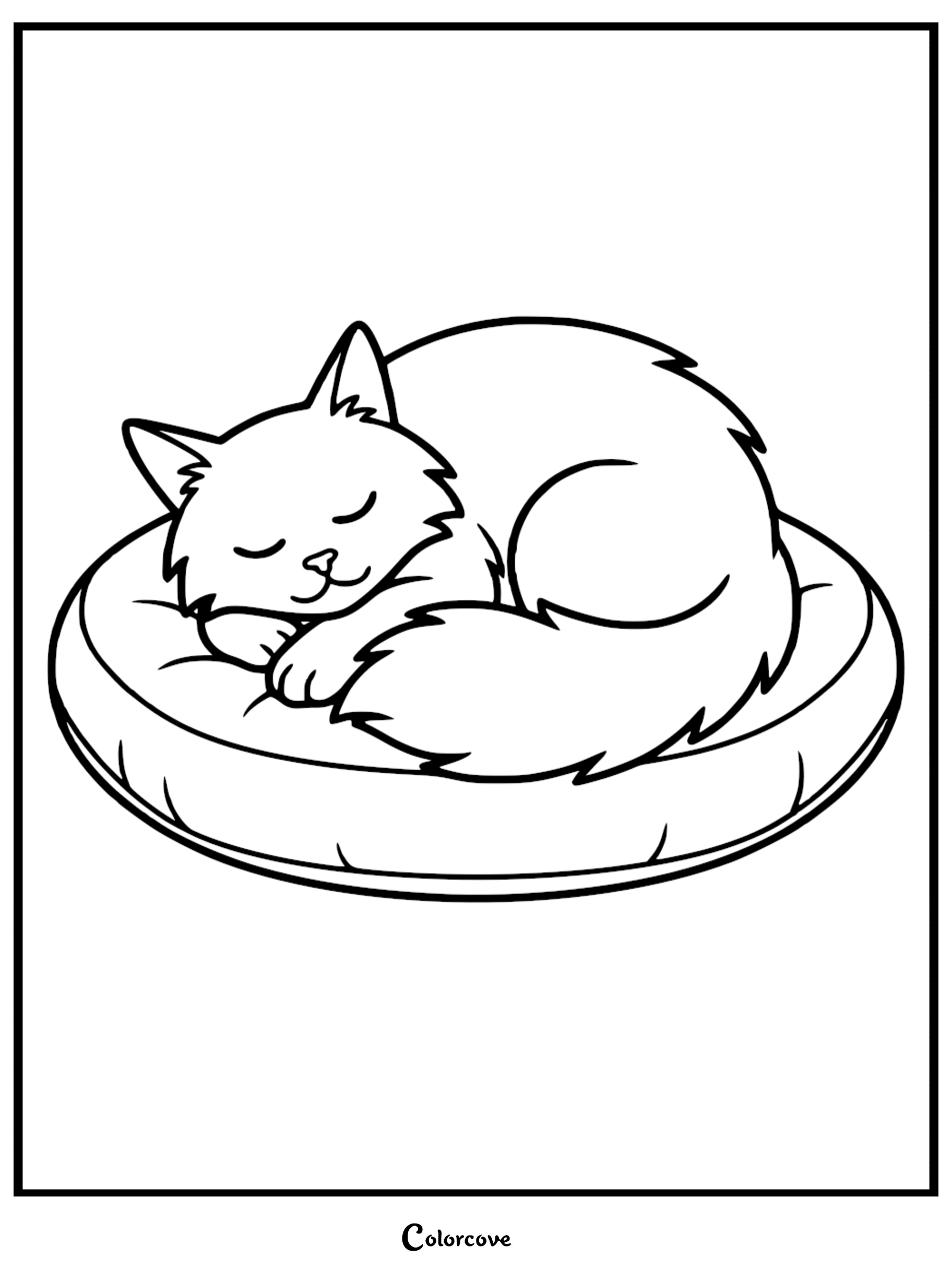 A cute fluffy Maine Coon cat sleeping curled up on a pillow coloring page for kids and adults.