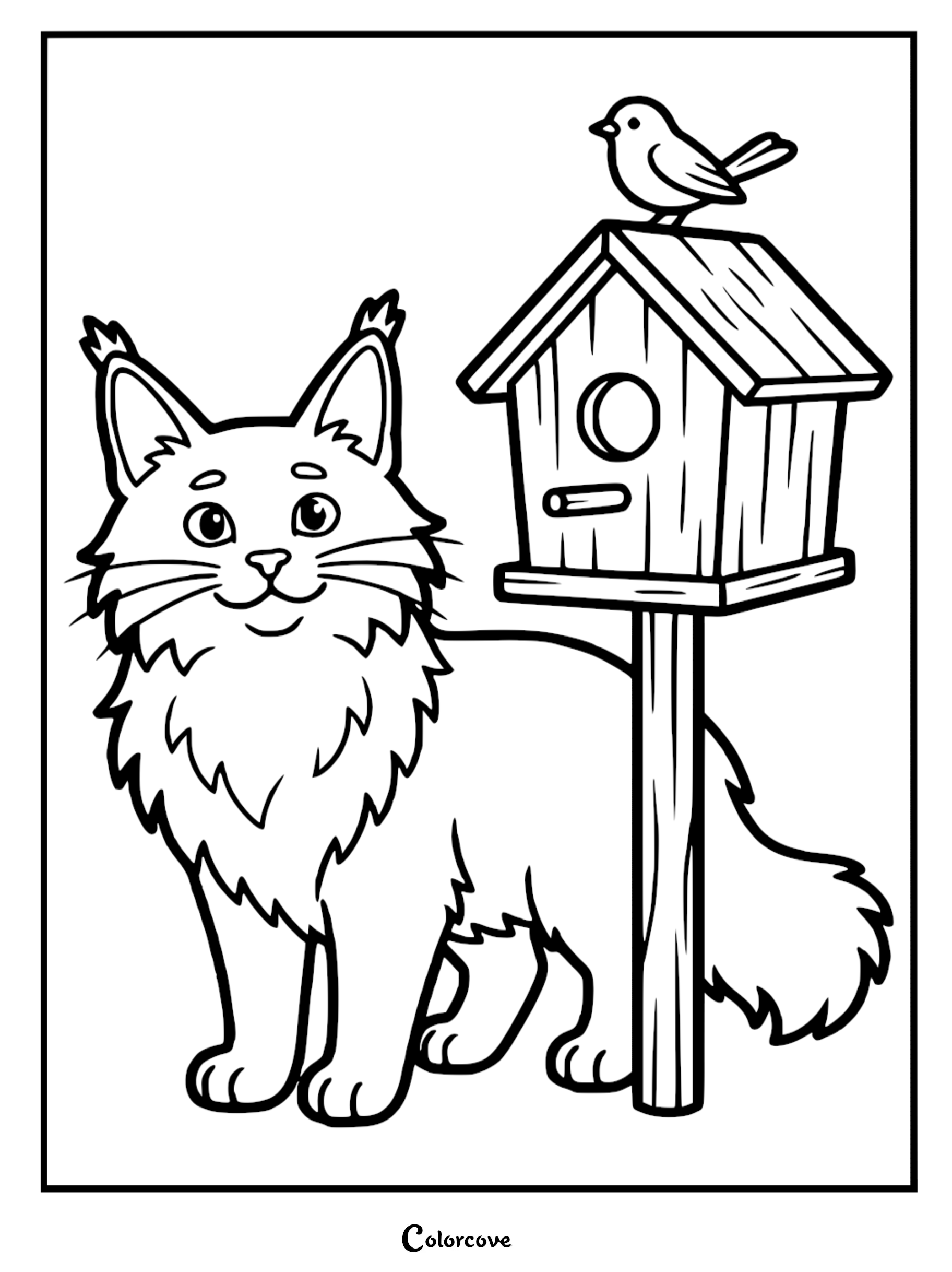 A friendly Maine Coon cat standing next to a wooden birdhouse with a bird on top, detailed printable coloring page for kids and cat lovers.