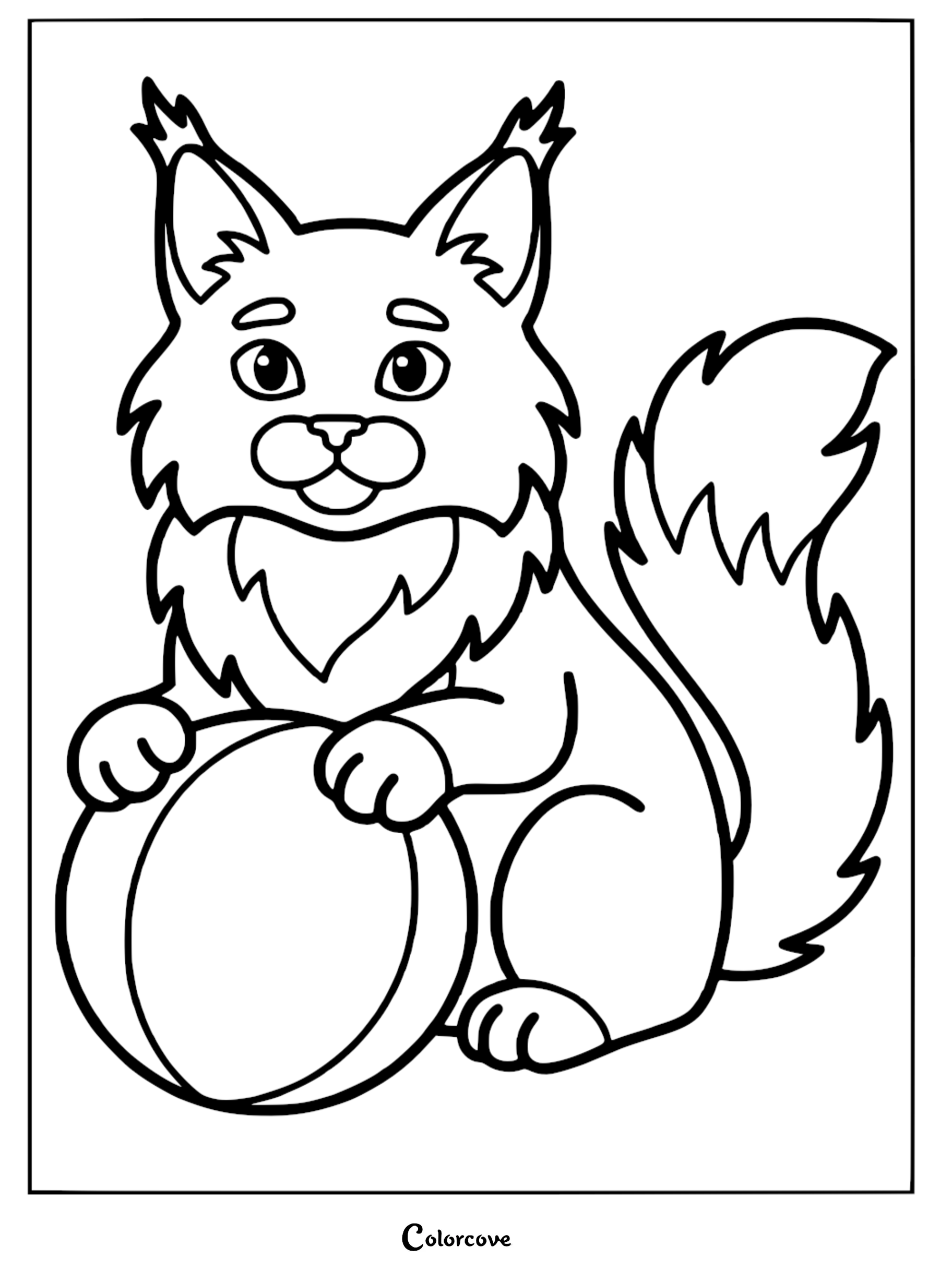 An adorable Maine Coon kitten playing with a ball of yarn, featuring distinct tufted ears and a fluffy tail in this free printable coloring page.