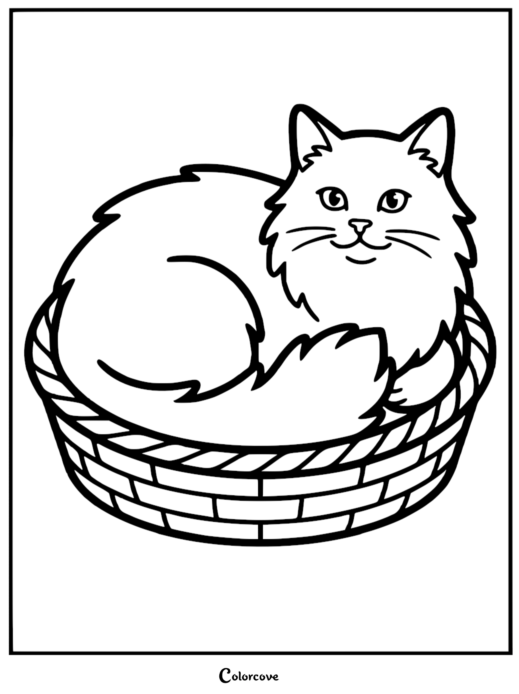 A fluffy Maine Coon cat sitting in a woven basket, simple line art coloring page for kids and cat lovers.