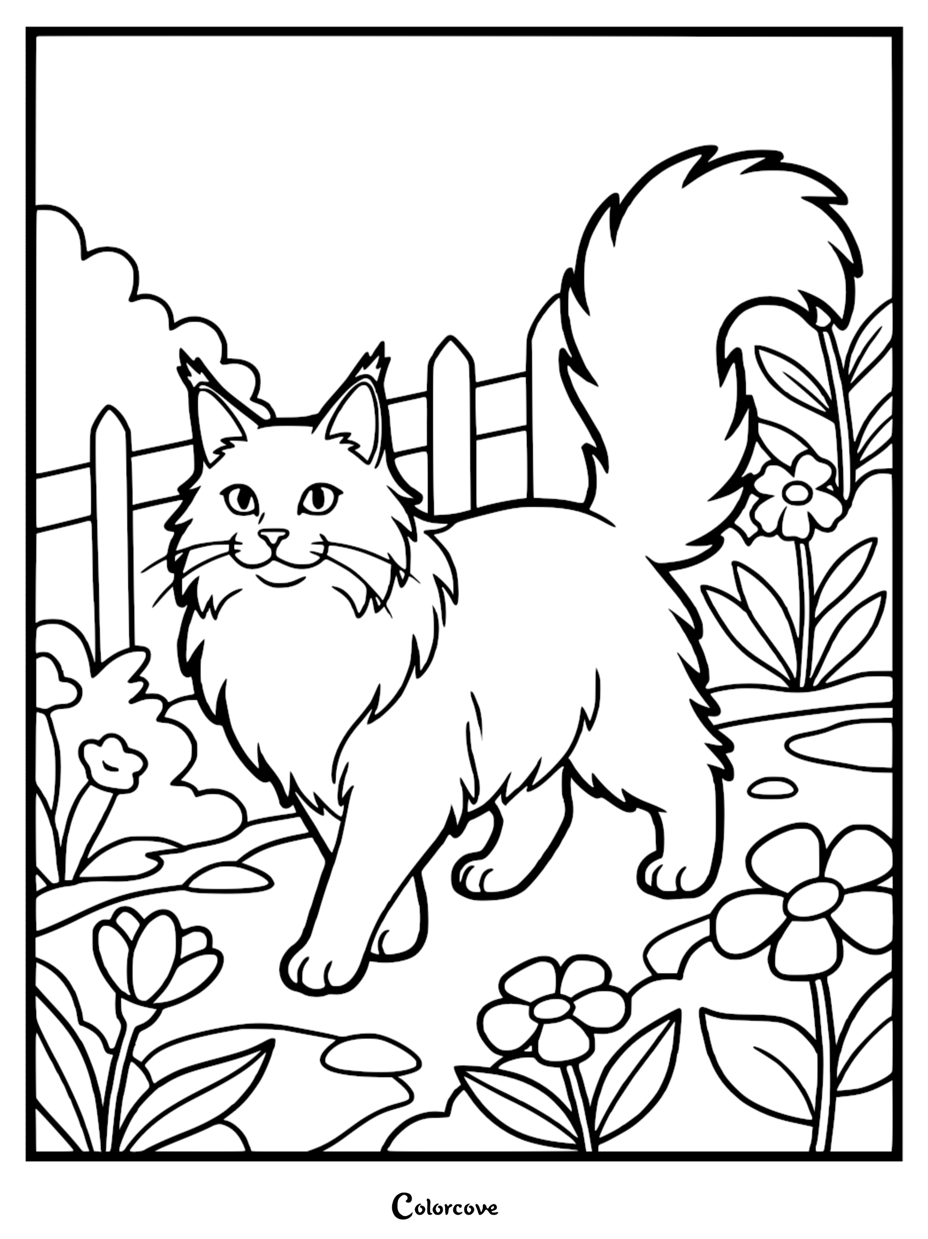 A beautiful Maine Coon cat with a fluffy tail walking in a flower garden, featured in a printable line art coloring page.