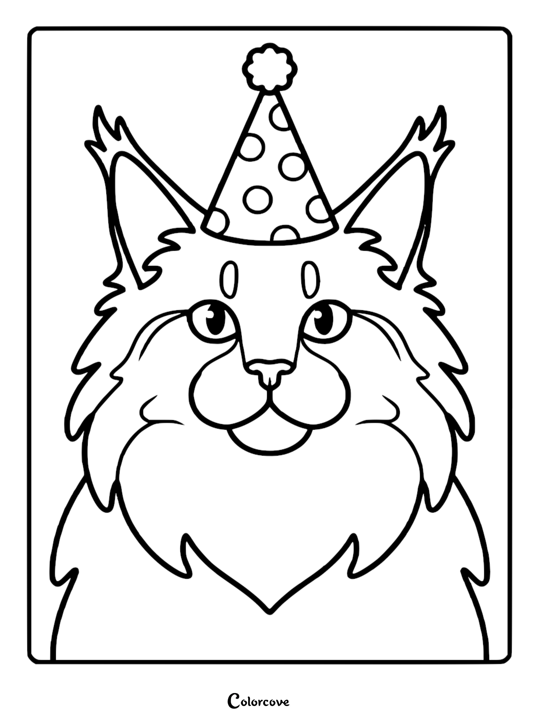 A printable Maine Coon cat coloring page featuring a fluffy cat wearing a polka-dot party hat, perfect for kids and cat lovers.