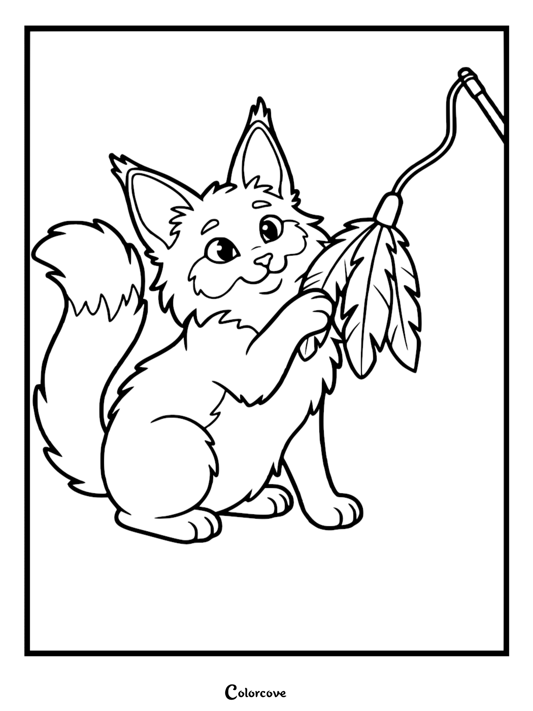 A cute Maine Coon kitten playing with a feather wand toy, perfect as a free printable coloring page for cat lovers.