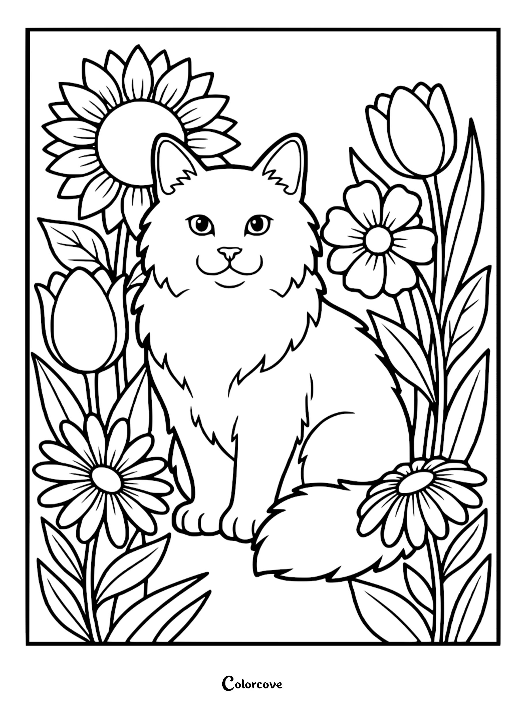 A beautiful Maine Coon cat sitting in a garden with sunflowers and tulips, perfect for a printable coloring page.