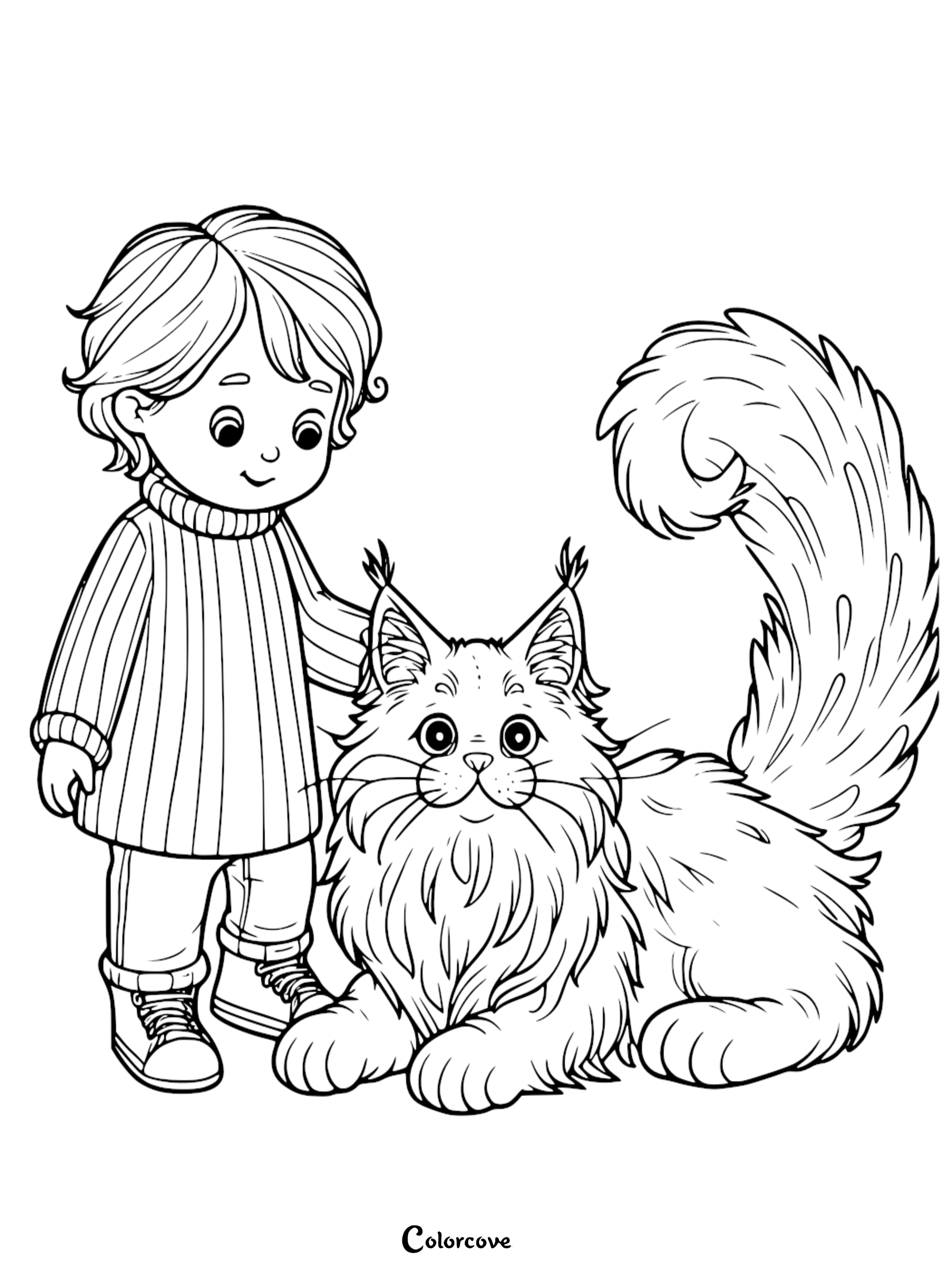 A cute cartoon coloring page of a young boy standing next to a fluffy Maine Coon cat with long whiskers and a bushy tail.