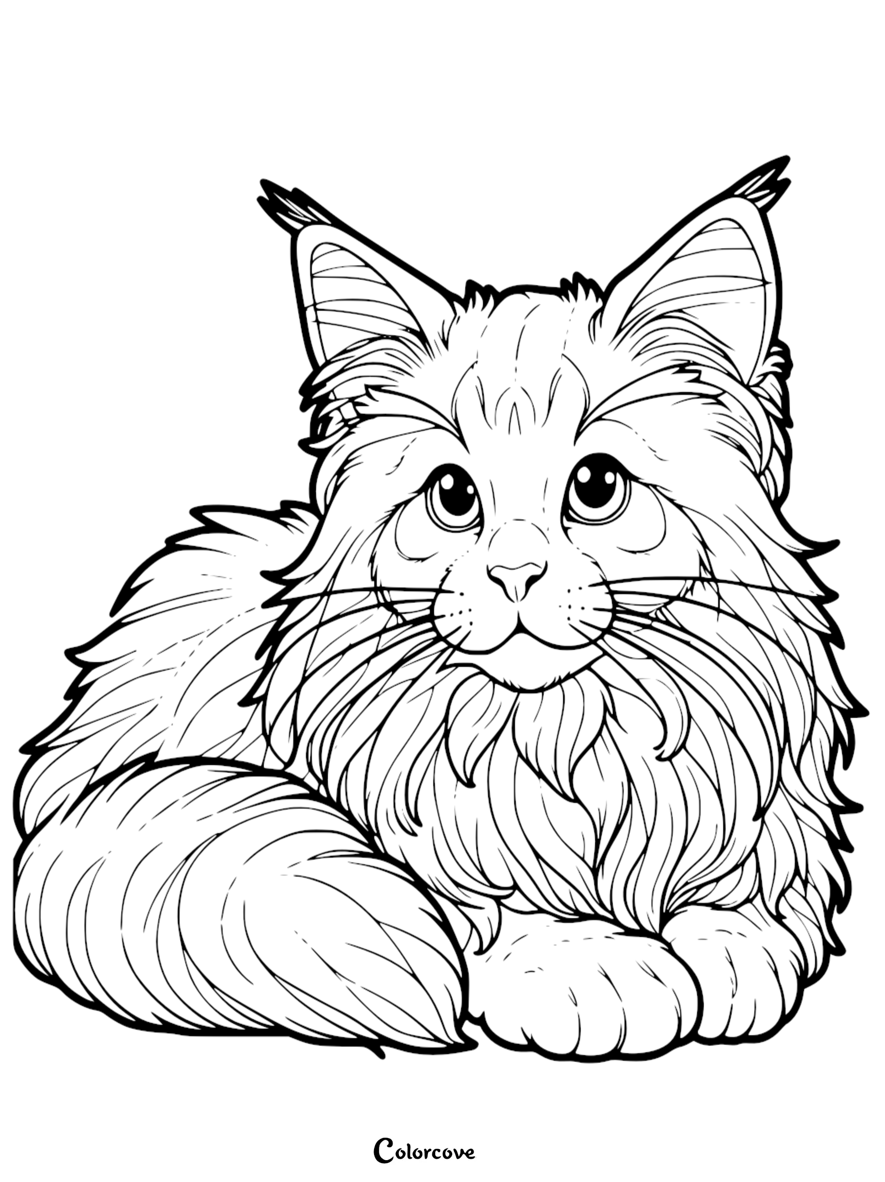 A detailed and fluffy Maine Coon kitten coloring page with large ears and whiskers for kids and cat lovers.