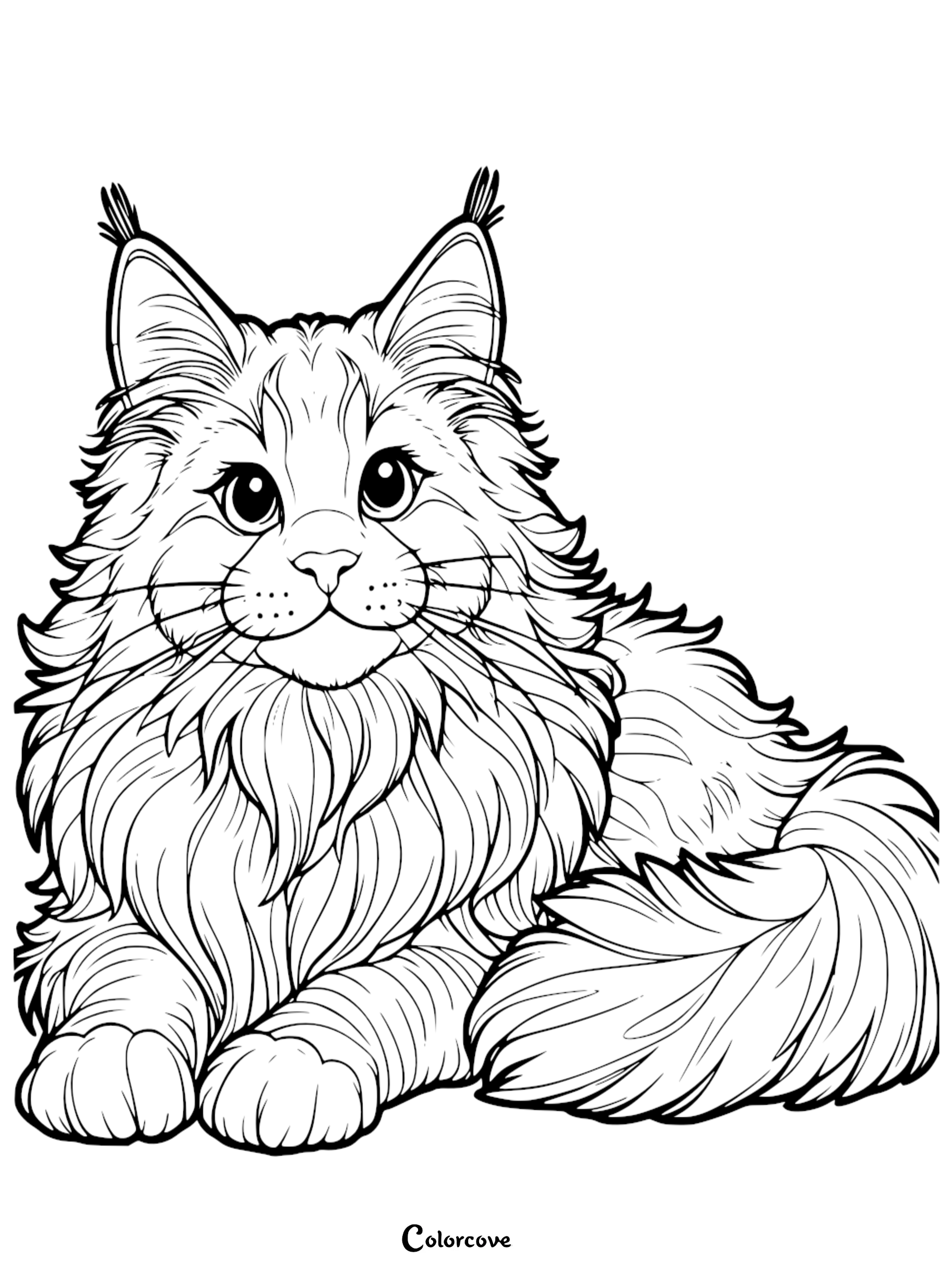 A detailed coloring page of a fluffy Maine Coon cat with long whiskers and tufted ears for kids and adults to print and color.