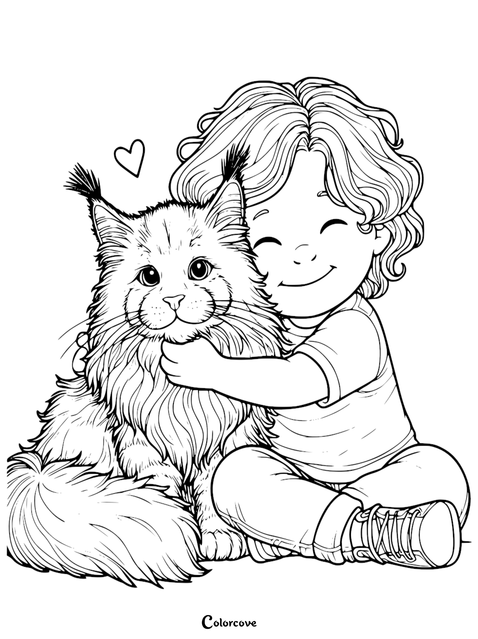 A sweet coloring page featuring a happy girl giving a big hug to her fluffy Maine Coon cat with a heart icon above them.