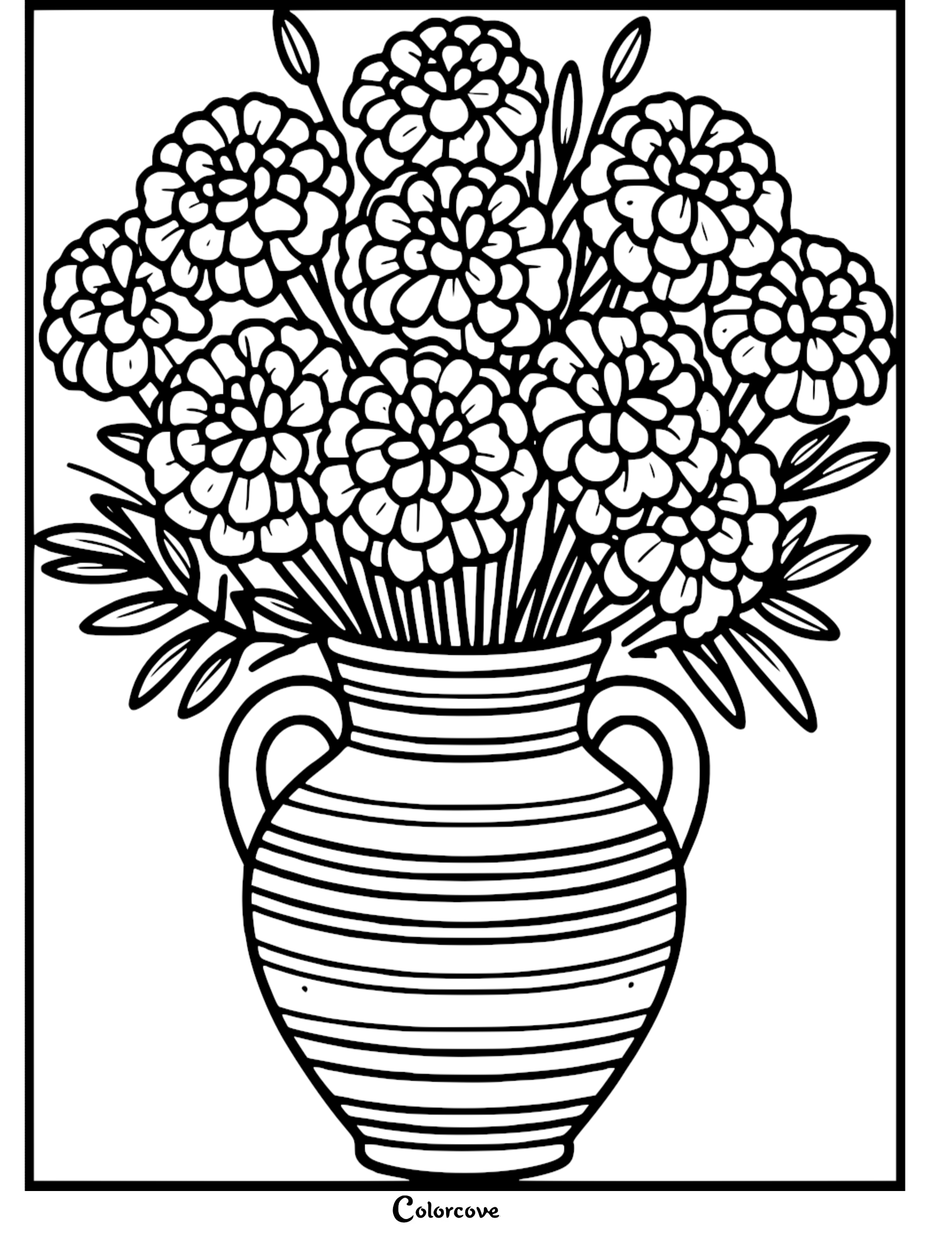 Floral coloring page featuring a vase filled with blooming marigolds, designed for stress relief and creativity.