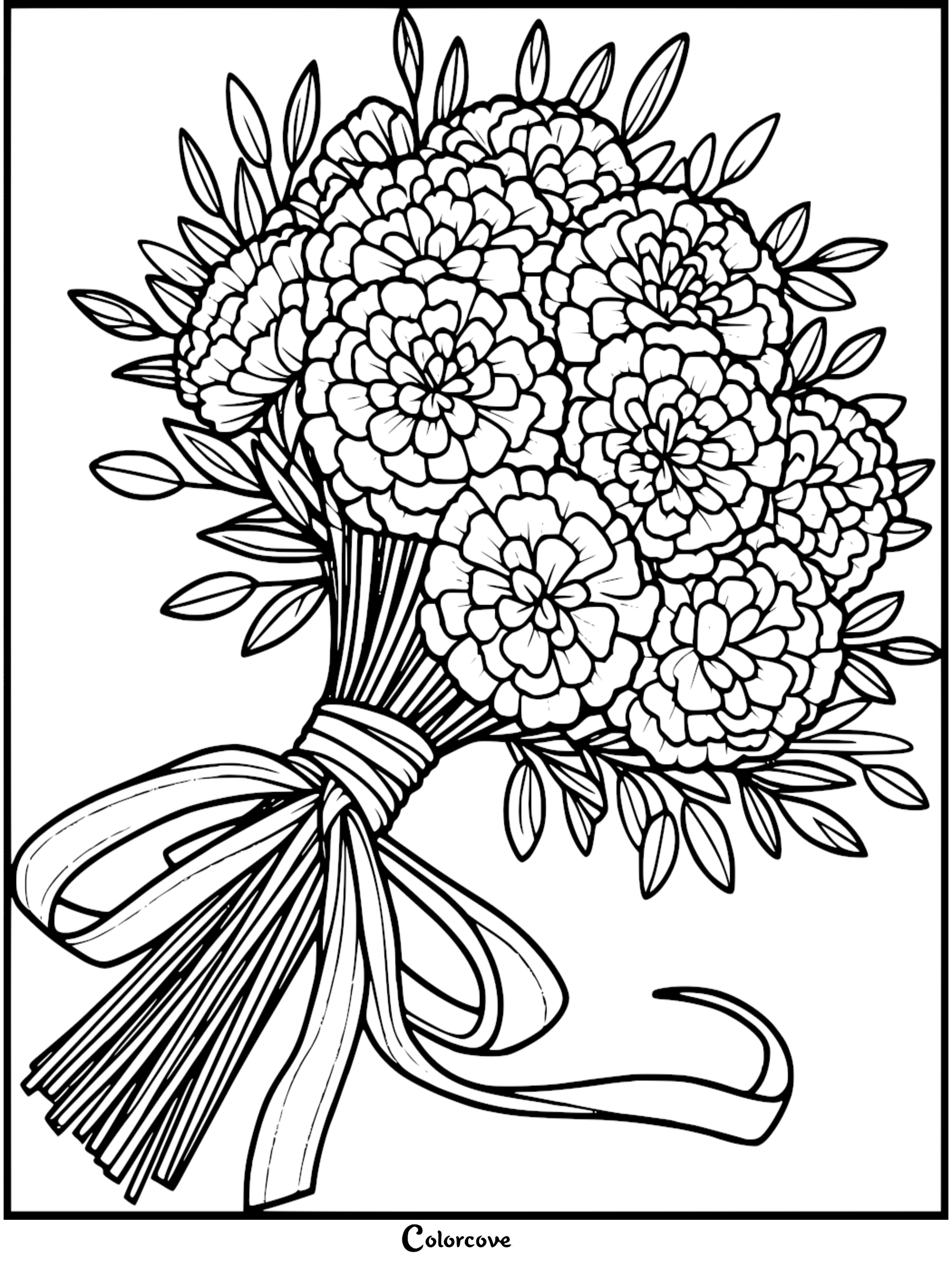 Floral bouquet coloring page with intricate flower and ribbon design for artistic coloring.