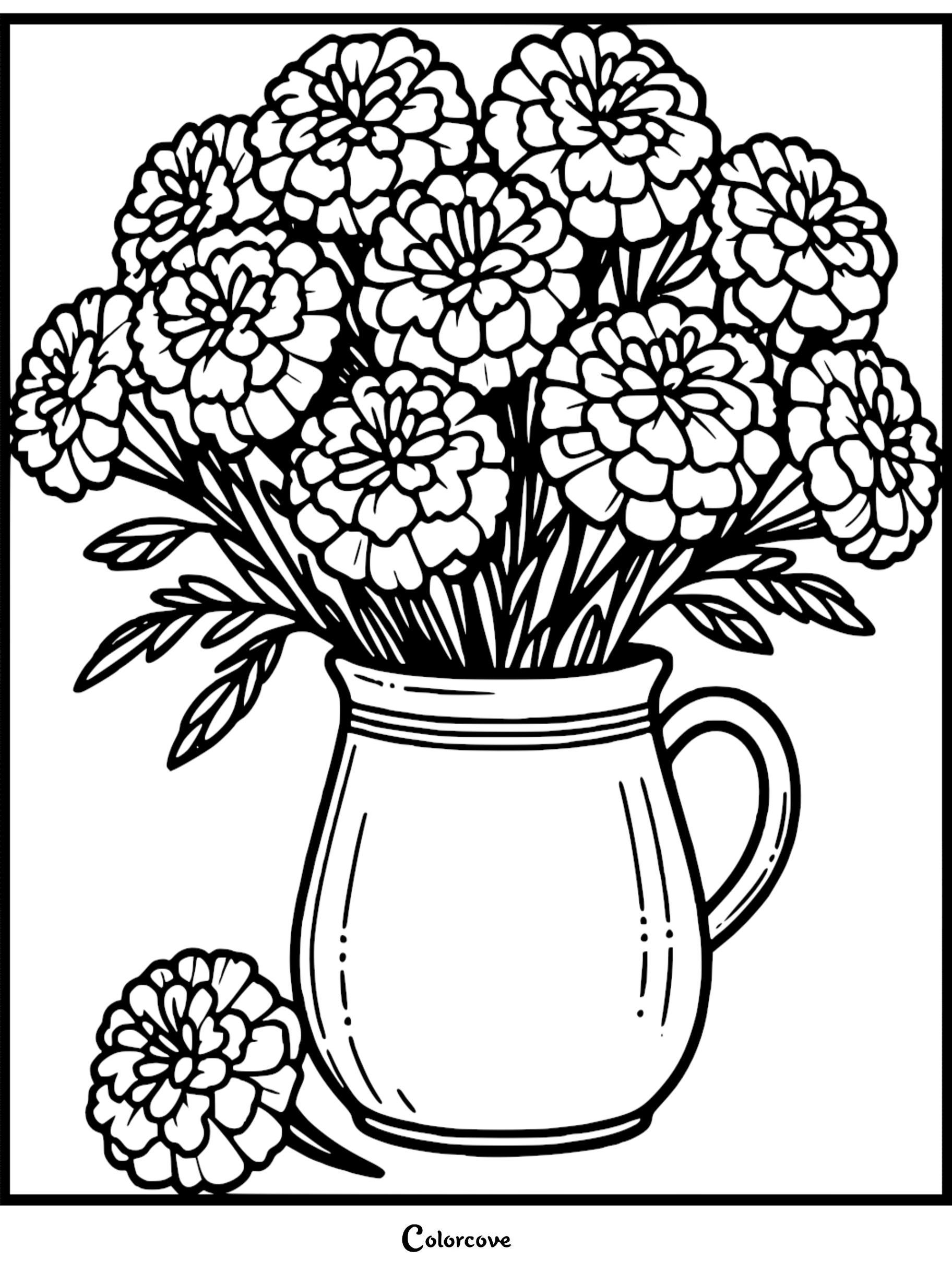 Coloring page of a bouquet of flowers in a vase, ready for creativity and art therapy.