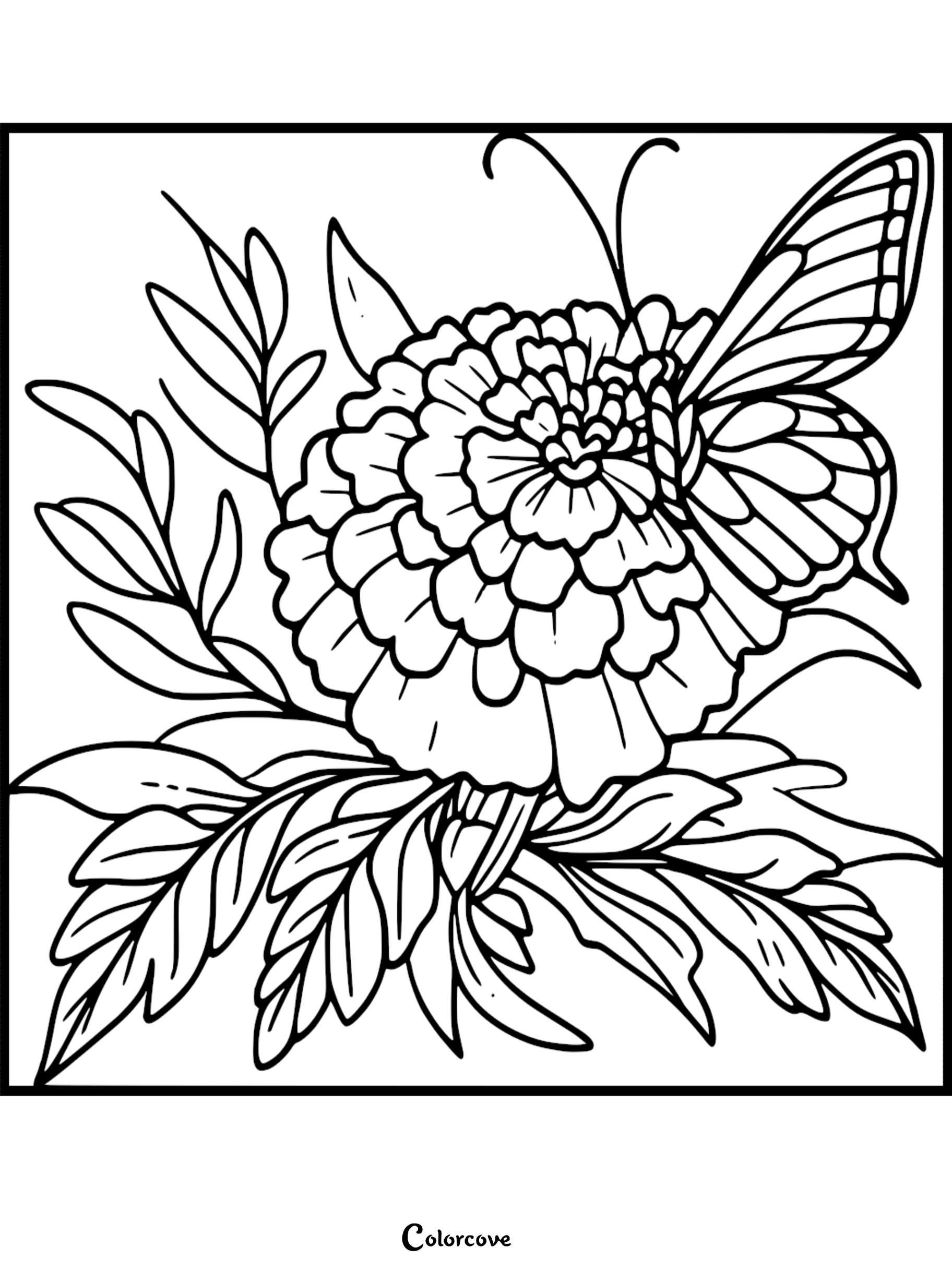 Butterfly on flower coloring page, intricate design for adults and kids. Perfect for relaxation and creativity.