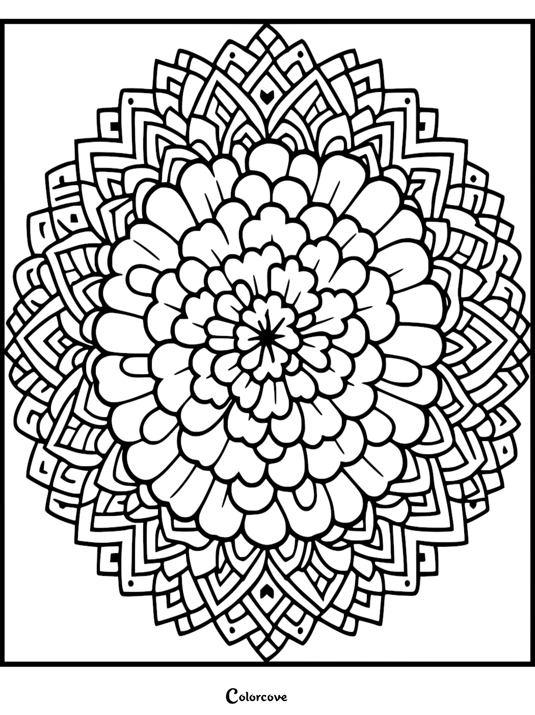 Intricate mandala coloring page featuring a detailed floral design for relaxation and creativity.