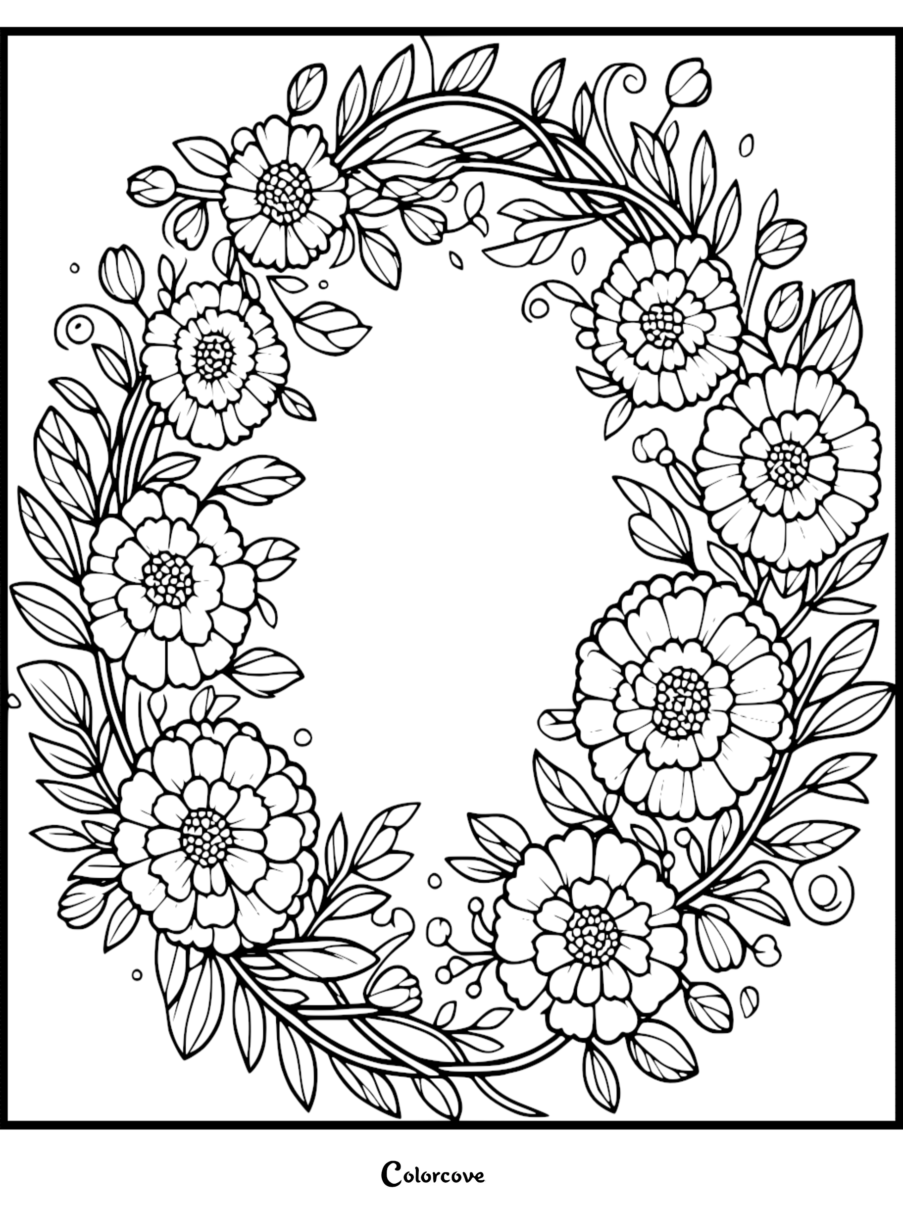 Floral wreath coloring page with intricate flowers and leaves, perfect for a relaxing and creative coloring activity.
